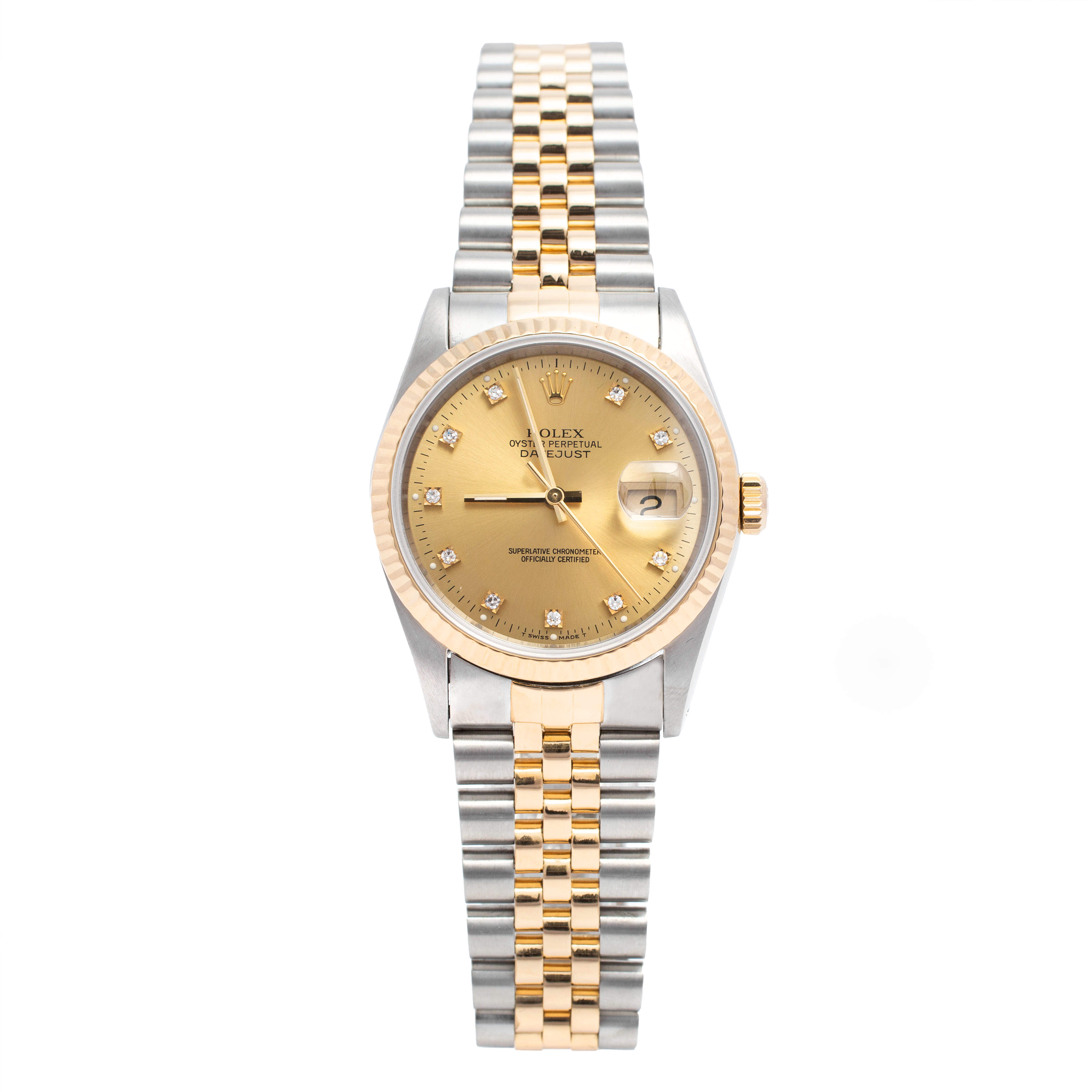 Rolex Champagne 18k Yellow Gold Stainless Steel Diamonds Datejust 16233 Men's Wristwatch 36 mm