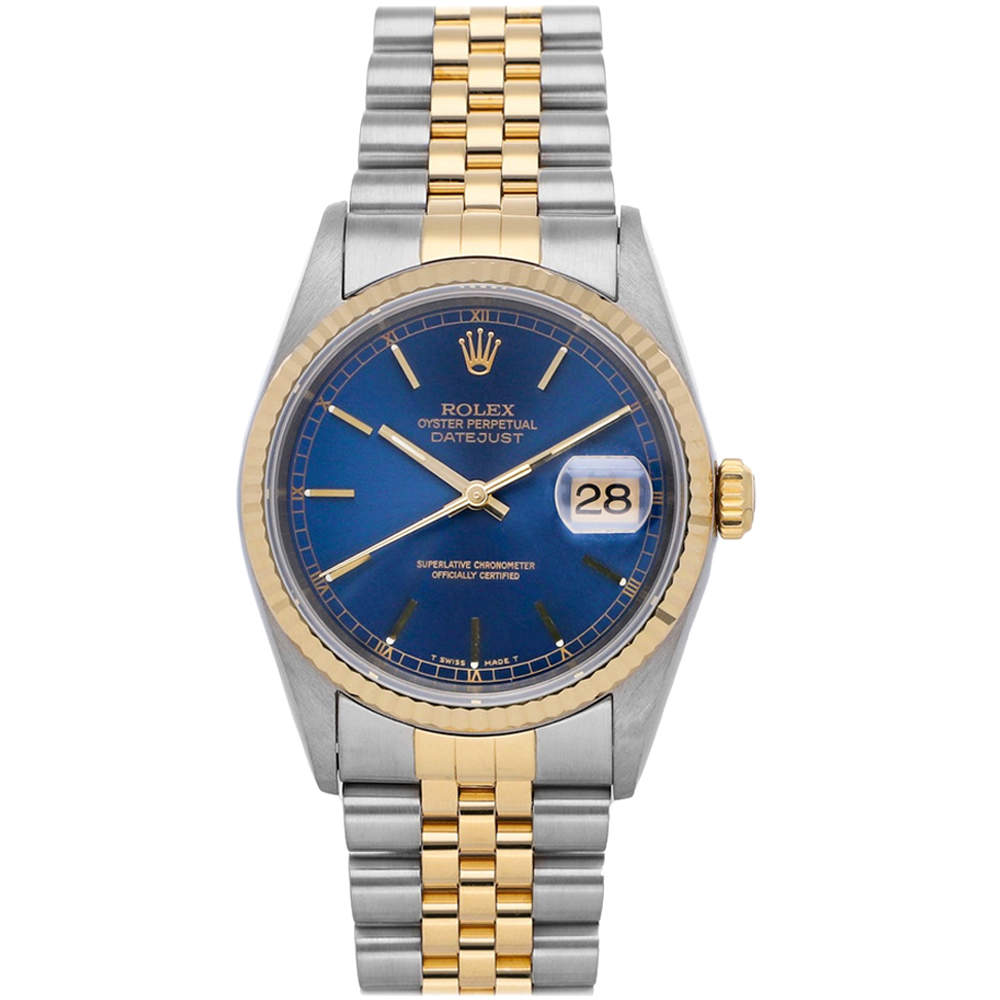 Pre Owned Rolex Blue 18K Yellow Gold And Stainless Steel Datejust 16233 Men's Wristwatch 36 MM