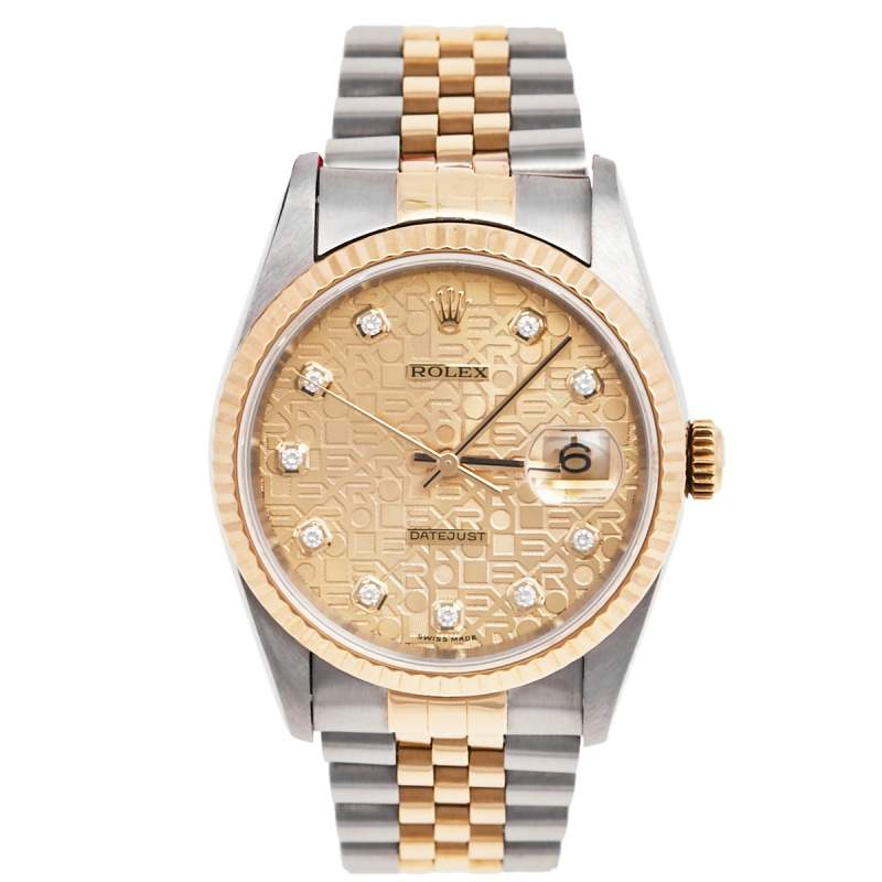 Pre Owned Rolex Champagne 18k Yellow Gold and Stainless Steel Diamonds 16233 Series Datejust Wristwatch 36 mm