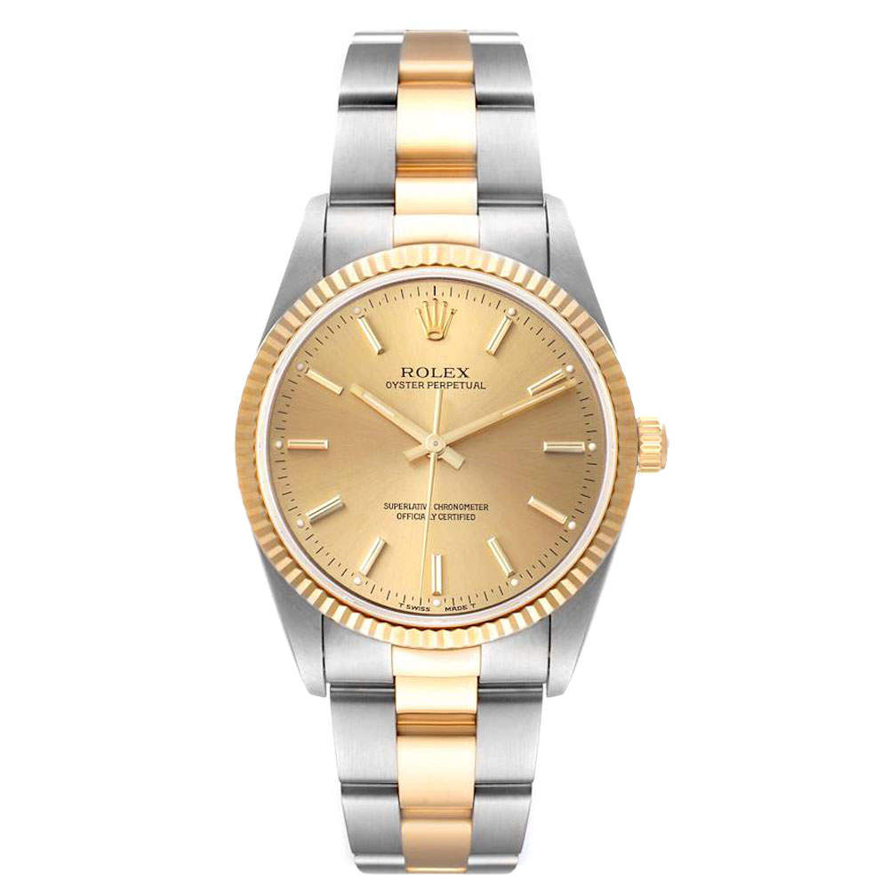Pre Owned Rolex Champagne 18K Yellow Gold And Stainless Steel Oyster Perpetual 14233 Automatic Men's Wristwatch 36 MM