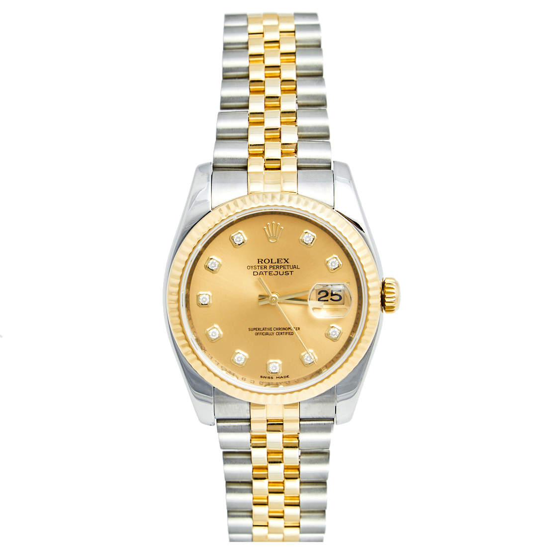 Pre Owned ساعة يد رجالية رولكس ديت جست 116233 ألماس ستانلس ستيل ذهب أصفر 18 شامبين 36 مم