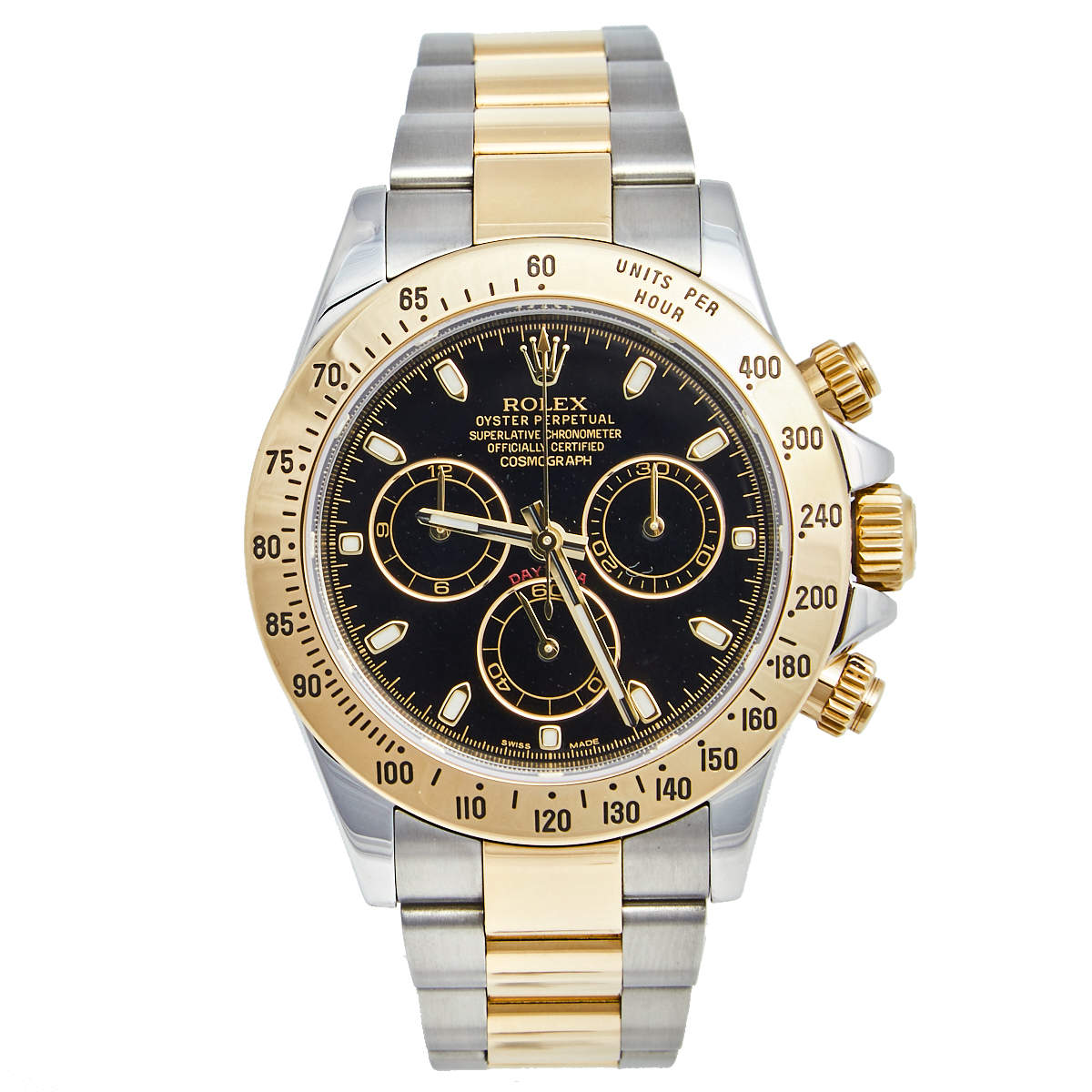 Pre Owned Rolex Black 18k Yellow Gold Stainless Steel Cosmograph Daytona 116523 Men's Wristwatch 40 mm