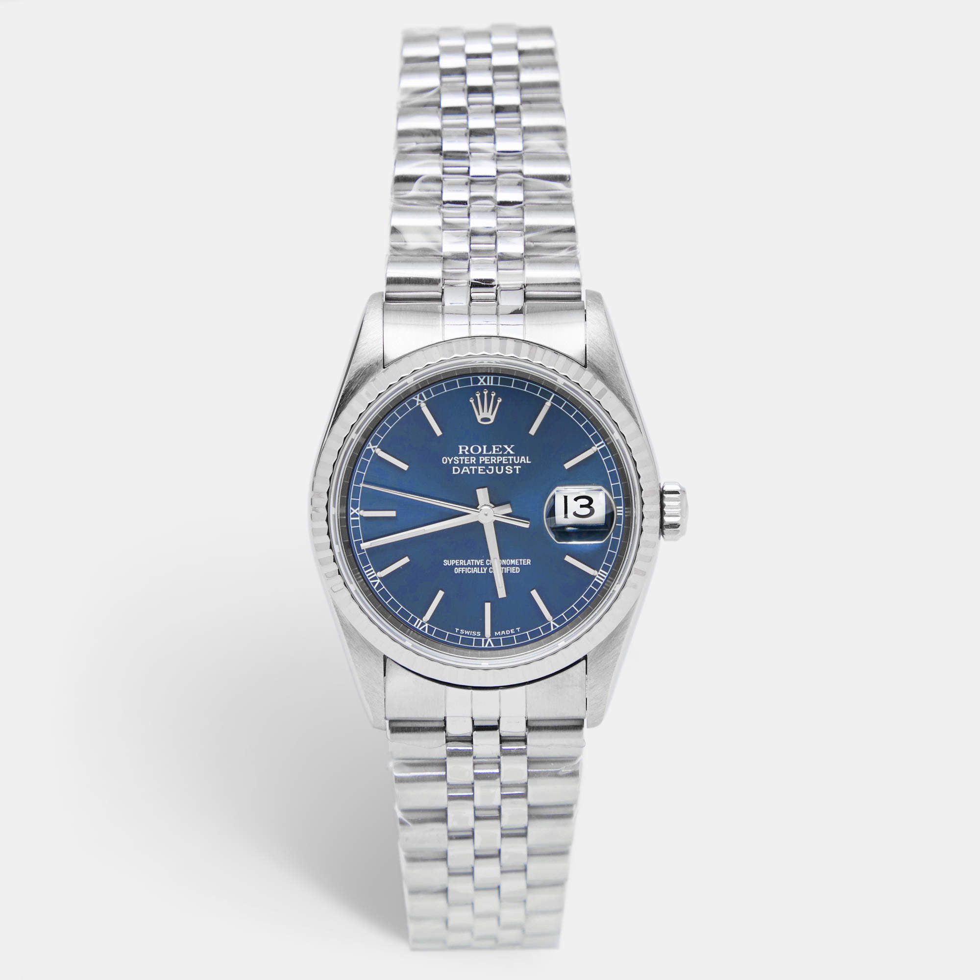 مملوكة مسبقًا ساعة يد رجالية رولكس ديت جست 16234 ستانلس ستيل وذهب أبيض 18 زرقاء 36 مم