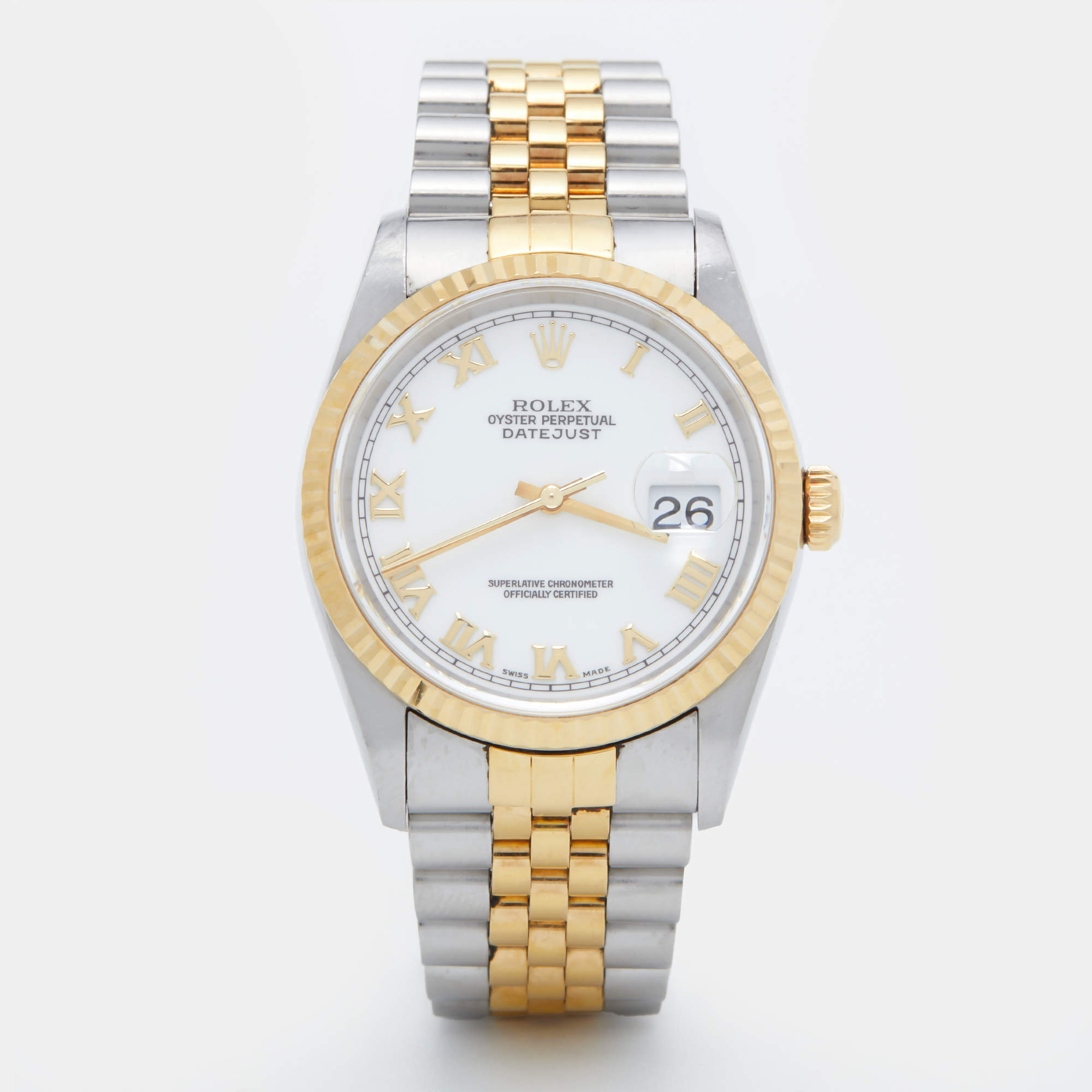 Pre Owned Rolex White 18K Yellow Gold Stainless Steel Datejust 16233 Men's Wristwatch 36 mm