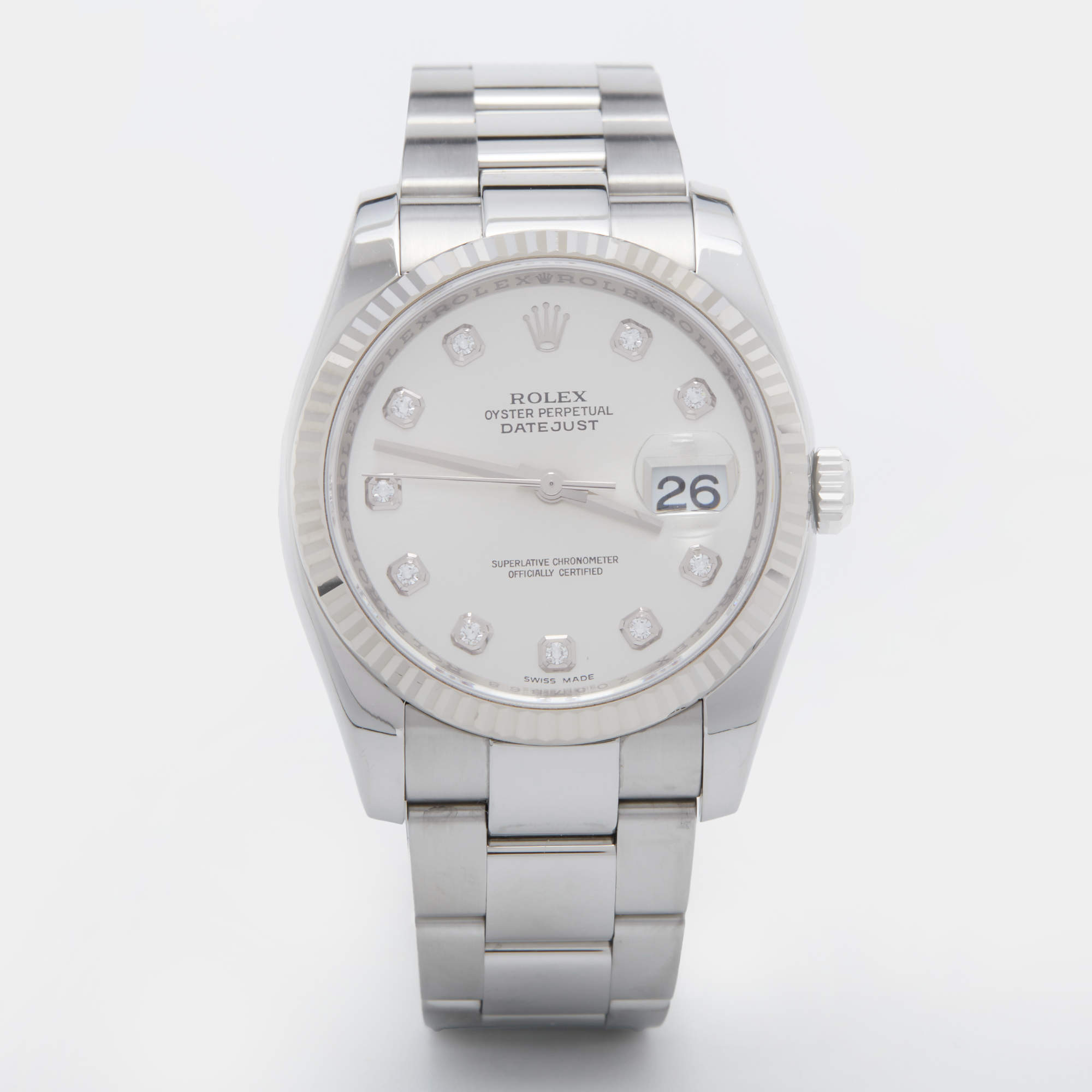 Pre Owned Rolex Silver 18K White Gold Oystersteel Diamond Datejust 116234 Men's Wristwatch 36 mm