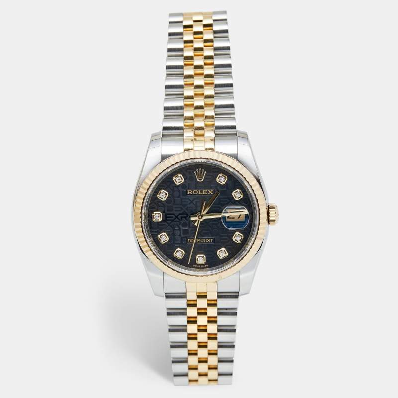 Pre Owned Rolex Black Jubilee 18K Yellow Gold Oystersteel Diamond Datejust 116233 Men's Wristwatch 36 mm