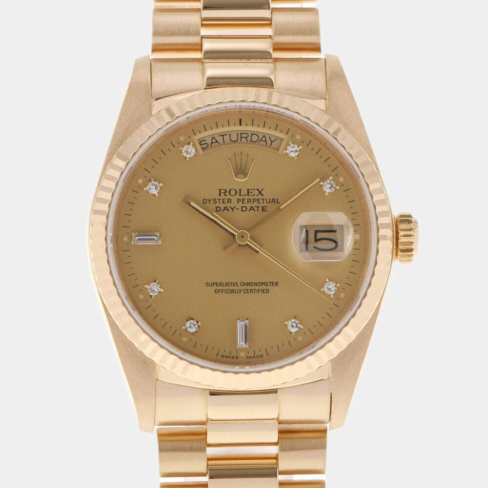 Pre Owned Rolex Champgne Diamonds 18k Yellow Gold Day - Date President 18038 Automatic Men's Wristwatch 36 mm