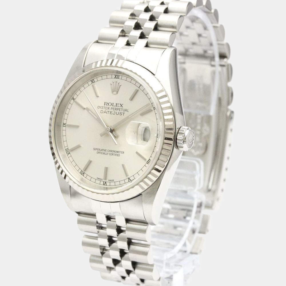 Pre Owned Rolex Silver 18K White Gold Stainless Steel Datejust 16234 Automatic Men's Wristwatch 35 mm