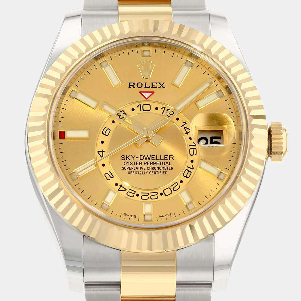 مملوكة مسبقًا Rolex Champagne 18k Yellow Gold And Stainless Steel Sky-Dweller 326933 Automatic Men's Wristwatch 42 mm