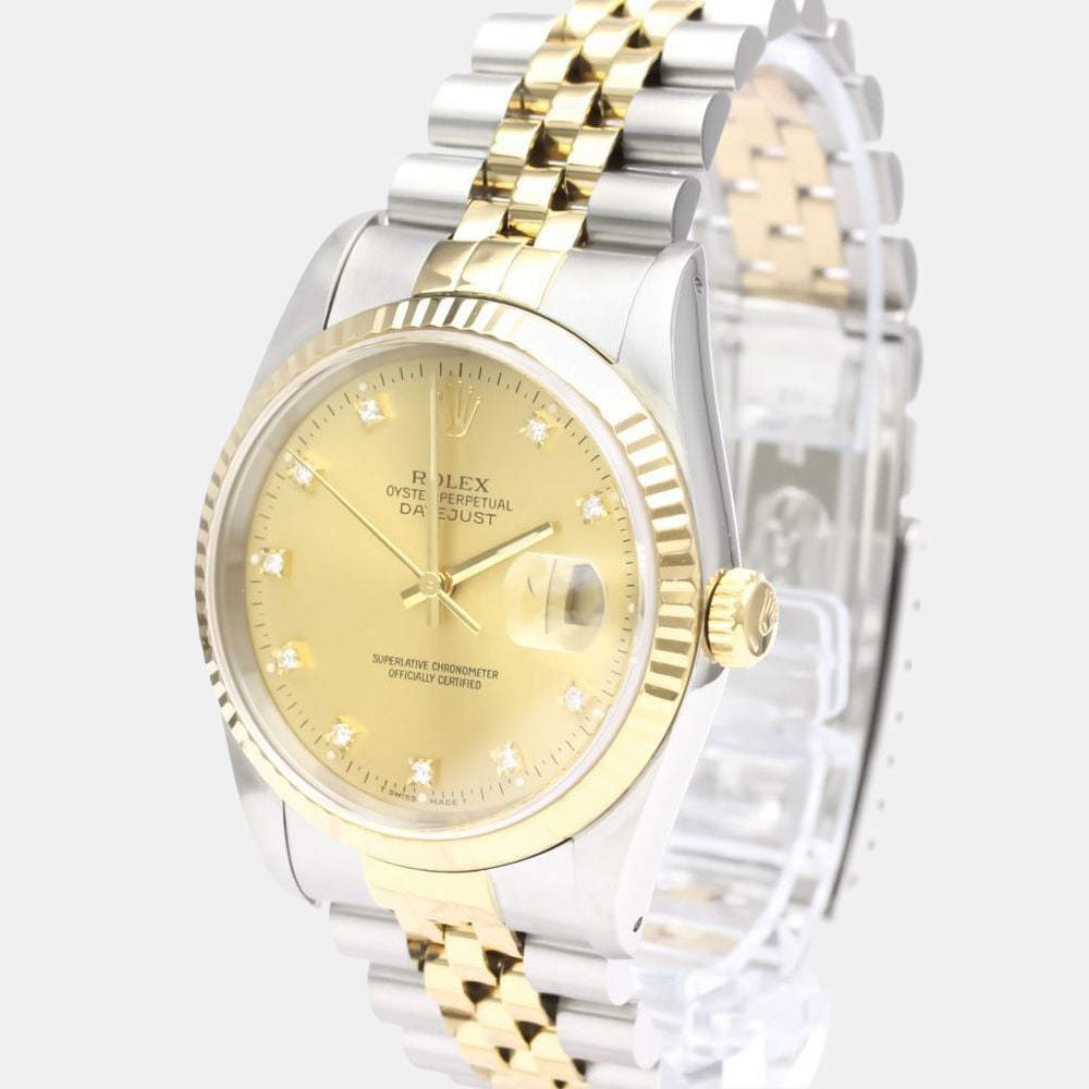 مملوكة مسبقًا Rolex Champagne Diamond 18k Yellow Gold And Stainless Steel Datejust 16233G Automatic Men's Wristwatch 36 mm
