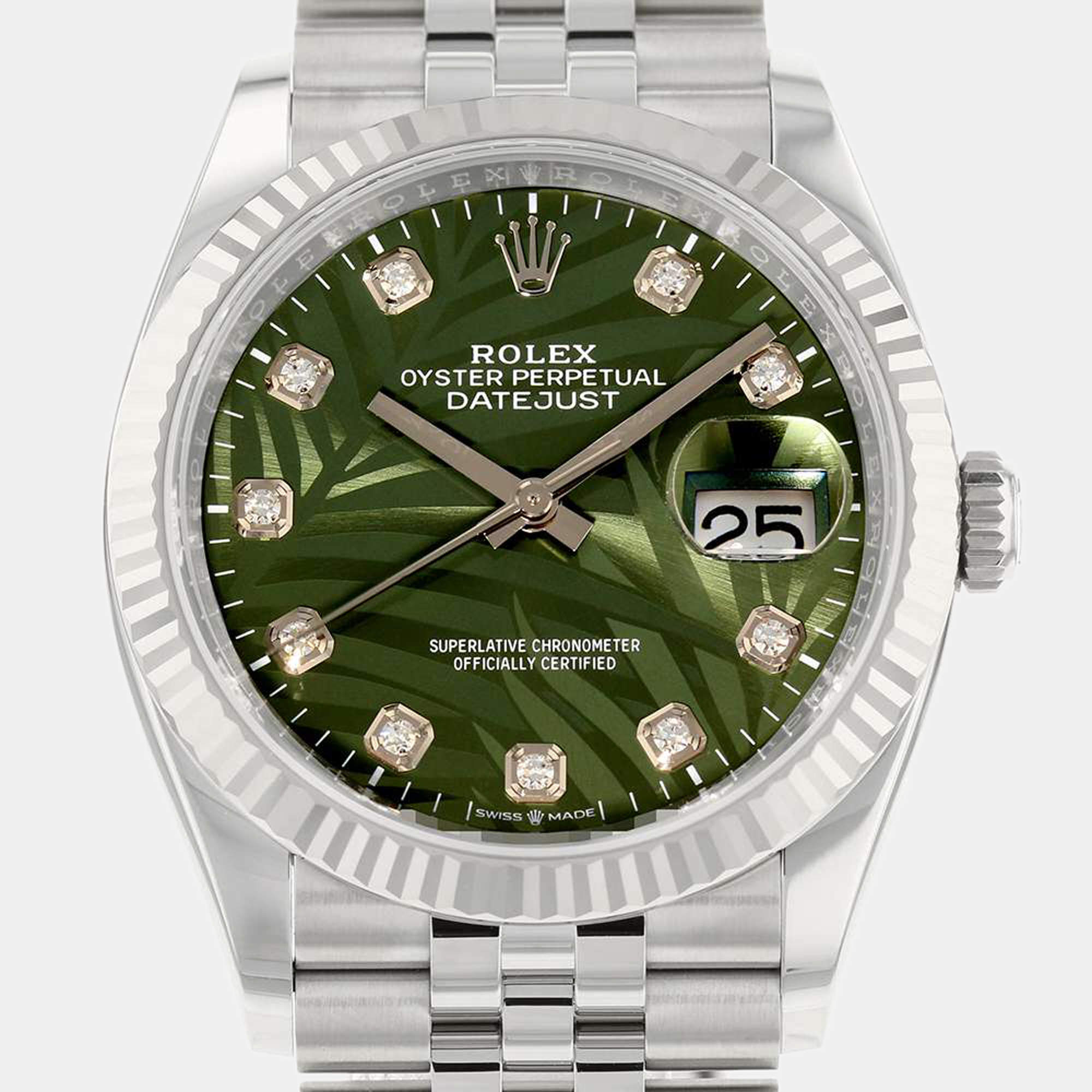 مملوكة مسبقًا Rolex Green Diamond 18k White Gold And Stainless Steel Datejust 126234 Automatic Men's Wristwatch 41 mm