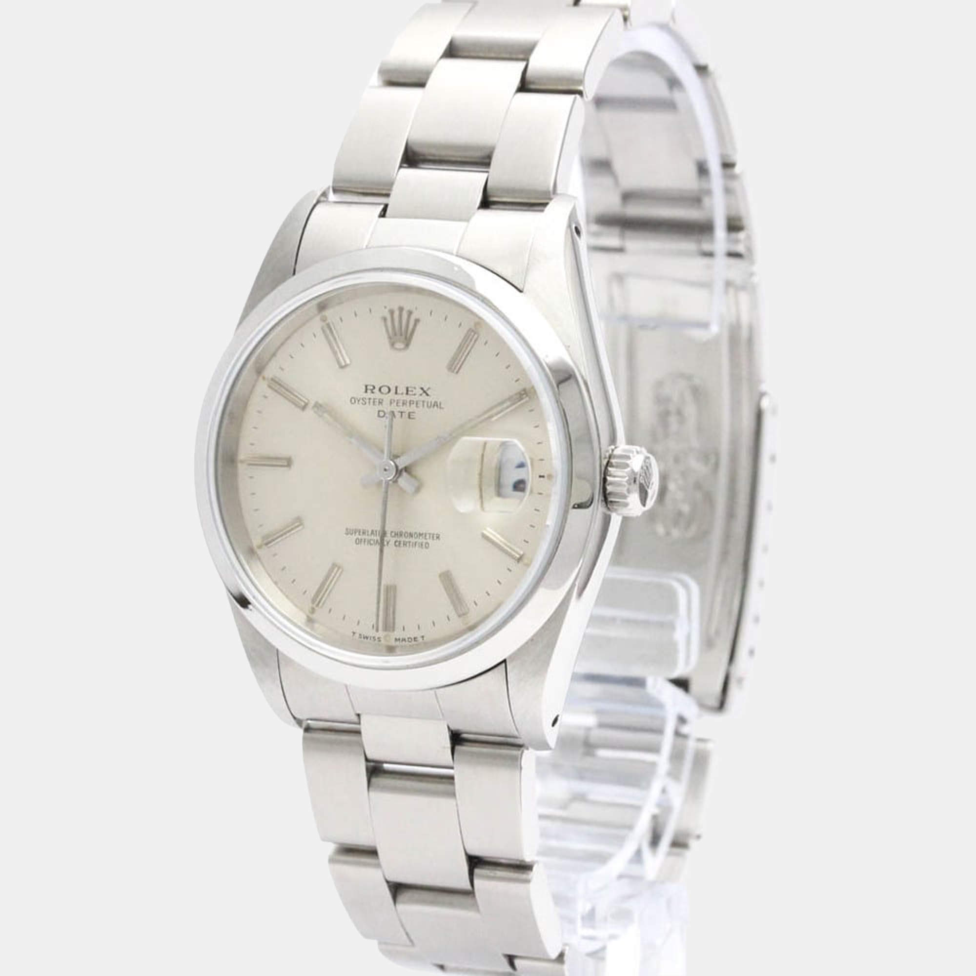 Rolex Silver Stainless Steel Oyster Perpetual Date 15200 Automatic Men's Wristwatch 34 mm