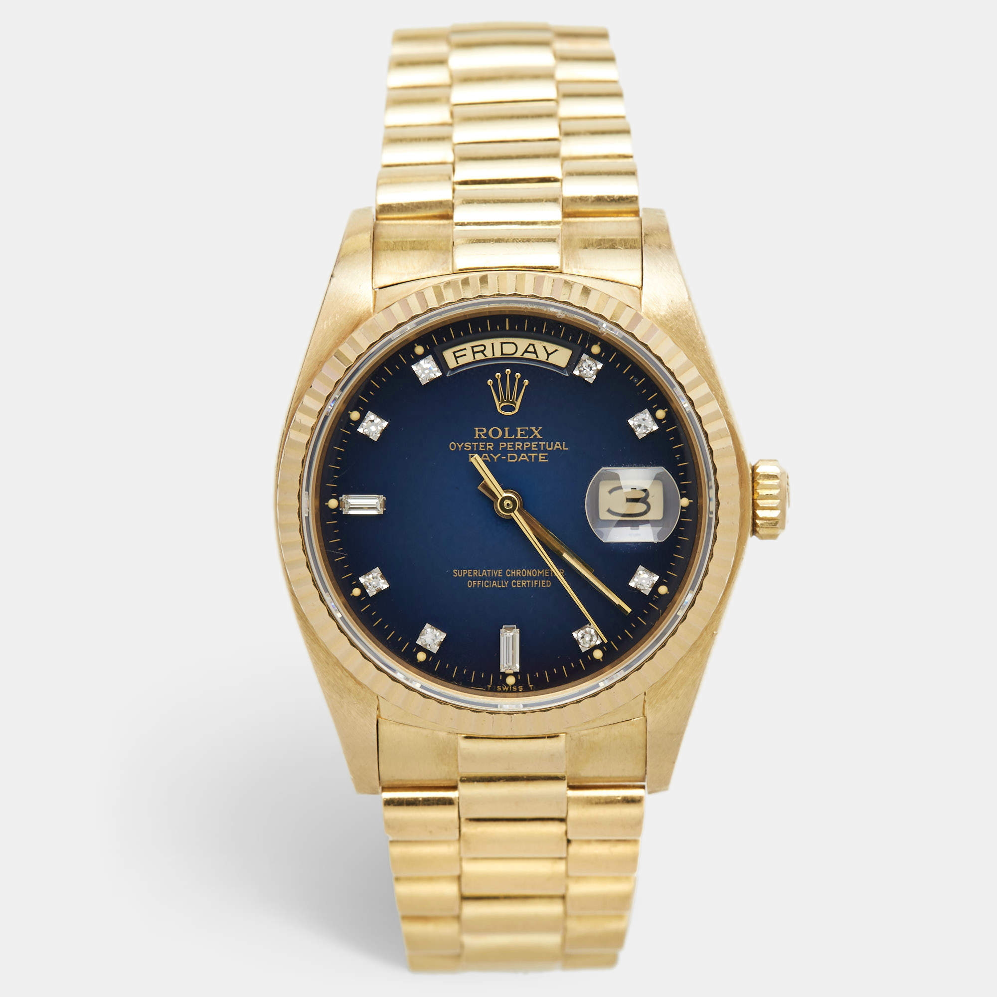 مملوكة مسبقًا Rolex Blue Vignette 18K Yellow Gold Diamond Vintage Oyster Perpetual Day-Date President 18038 Men's Wristwatch 36 mm