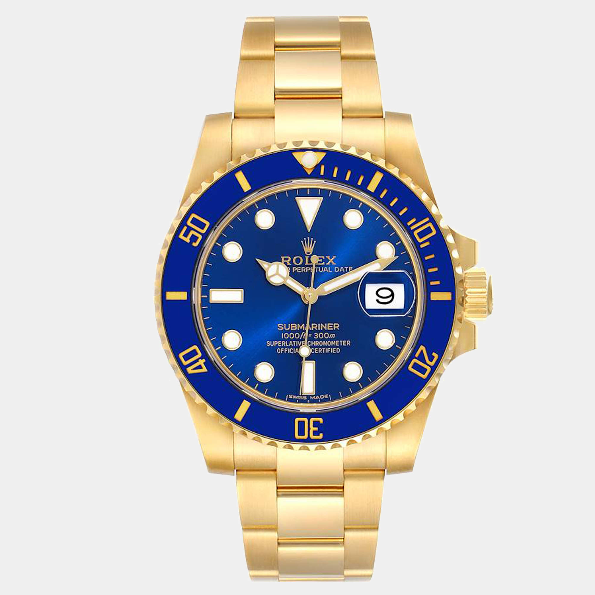 Rolex Submariner Yellow Gold Blue Dial Ceramic Bezel Men's Watch 116618 ...