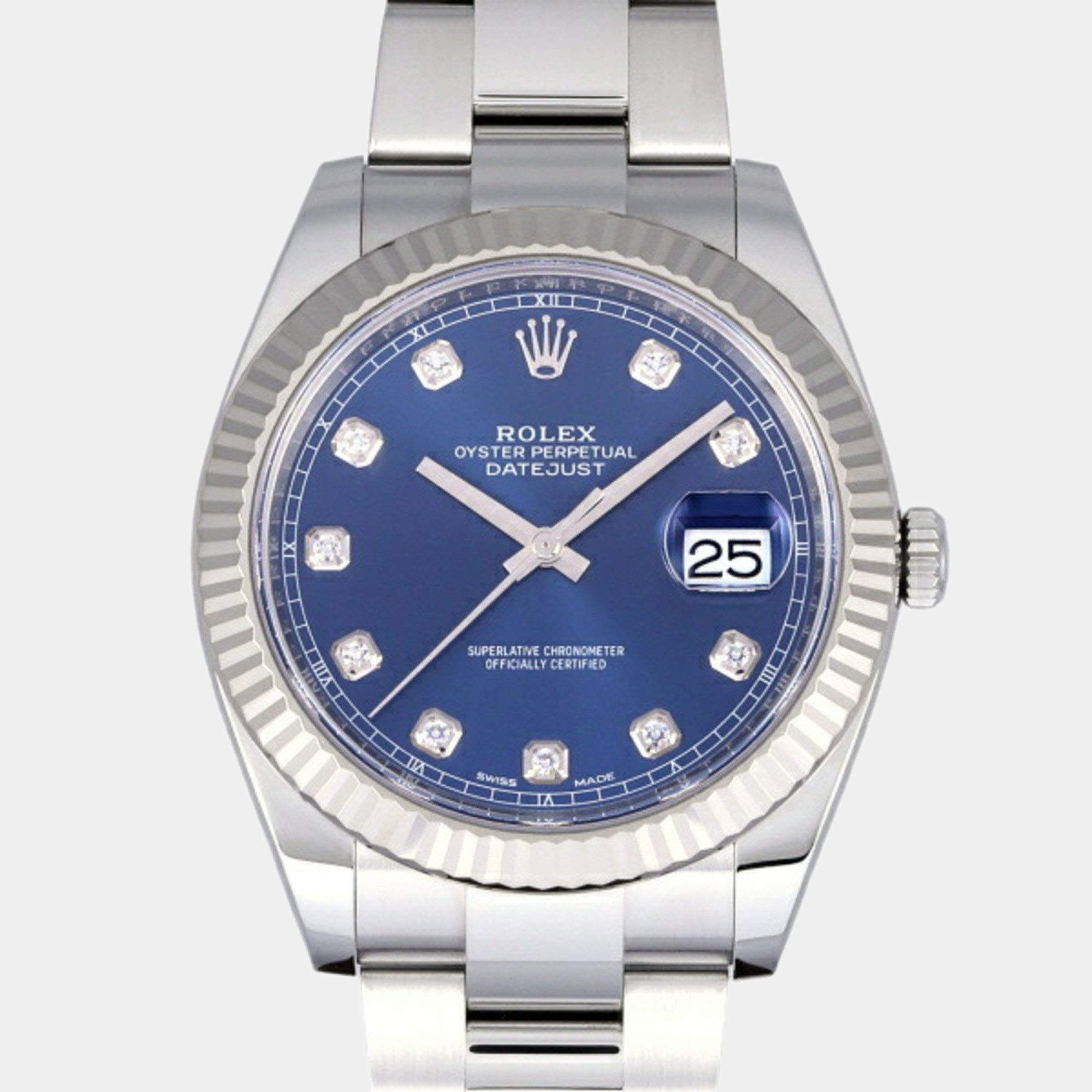 Pre Owned Rolex Blue Diamond 18k White Gold And Stainless Steel Datejust 126334 Automatic Men's Wristwatch 41 mm
