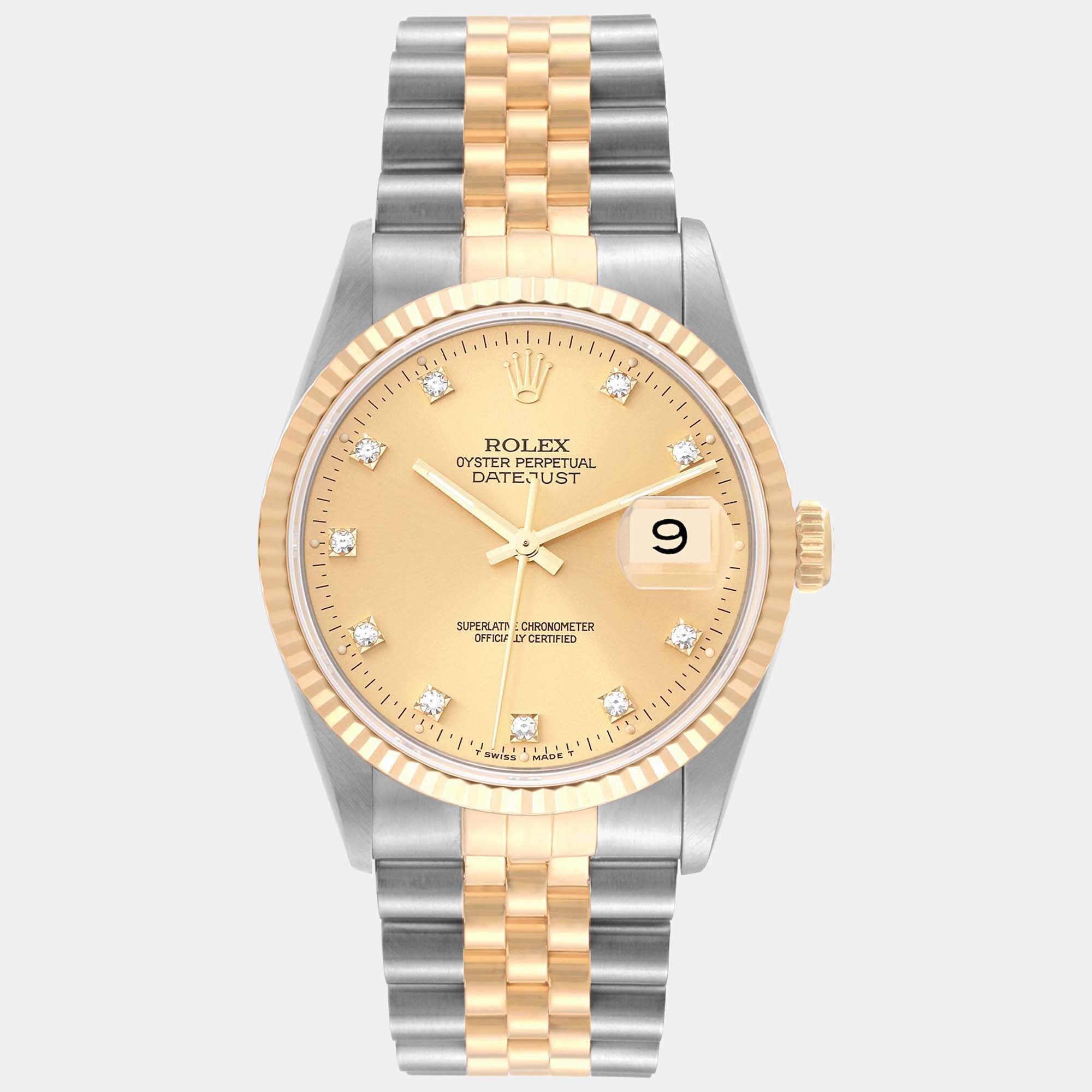 Rolex Datejust Champagne Diamond Dial Steel Yellow Gold Men's Watch 16233 36 mm