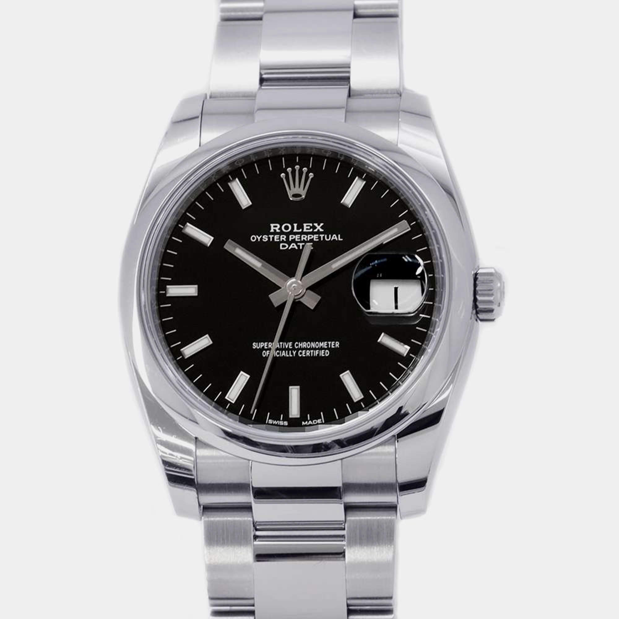Rolex Black Stainless Steel Oyster Perpetual Automatic Men's Wristwatch 34 mm