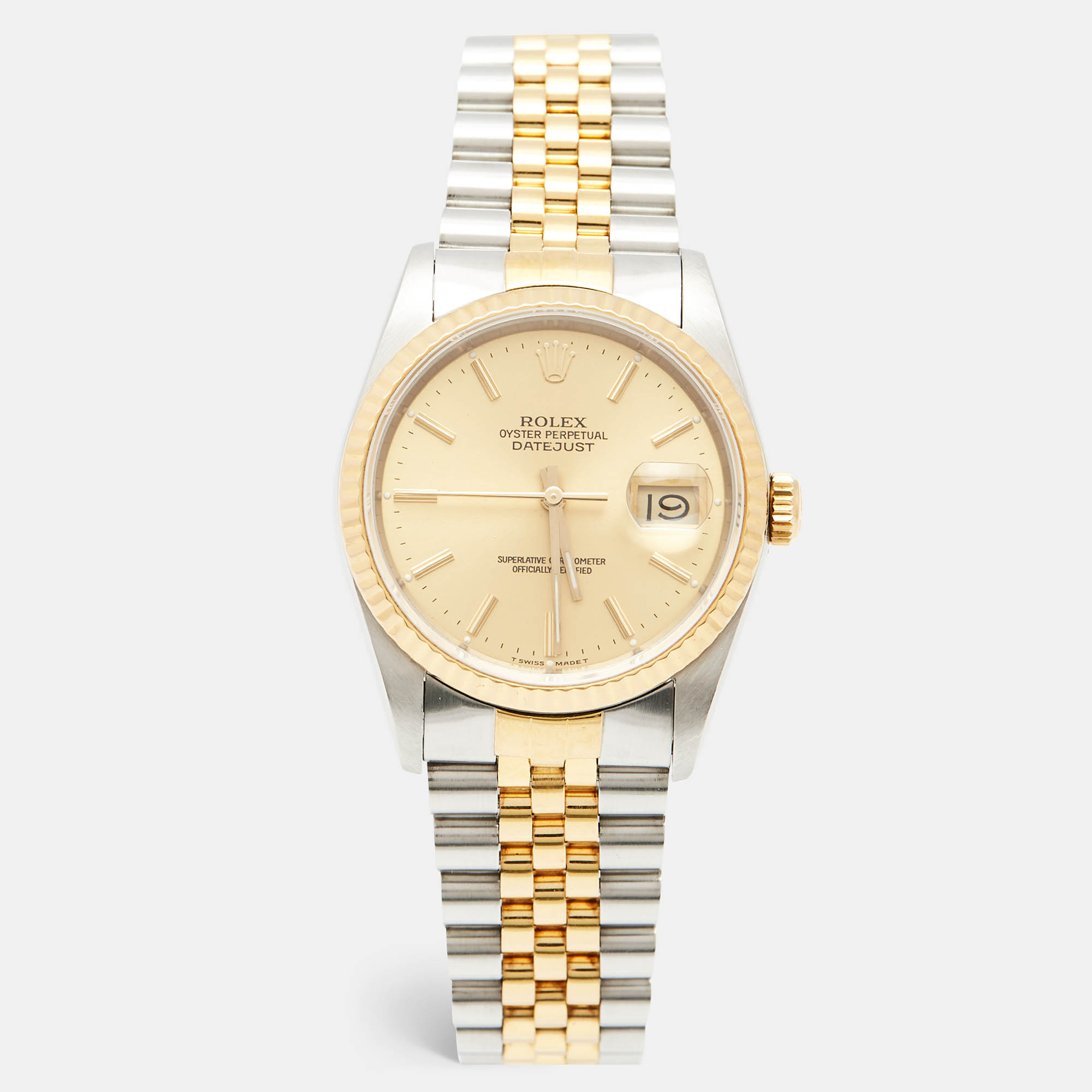 Pre Owned Rolex Champagne 18k Yellow Gold Stainless Steel Datejust 16233 Men's Wristwatch 36 mm