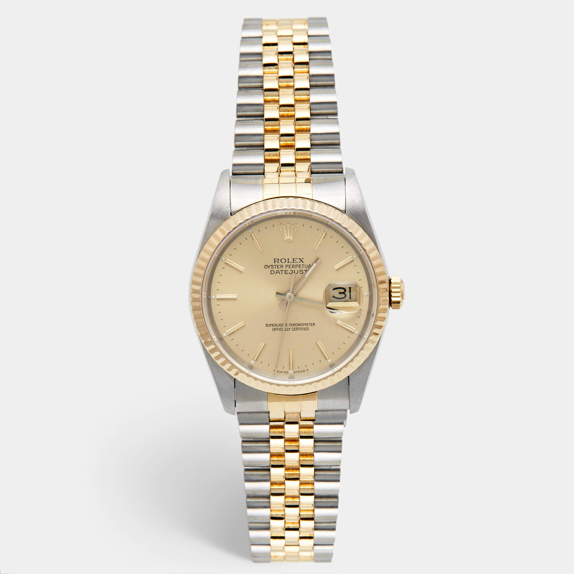 Pre Owned Rolex Champagne 18k Yellow Gold Stainless Steel Datejust 16233 Men's Wristwatch 36 mm