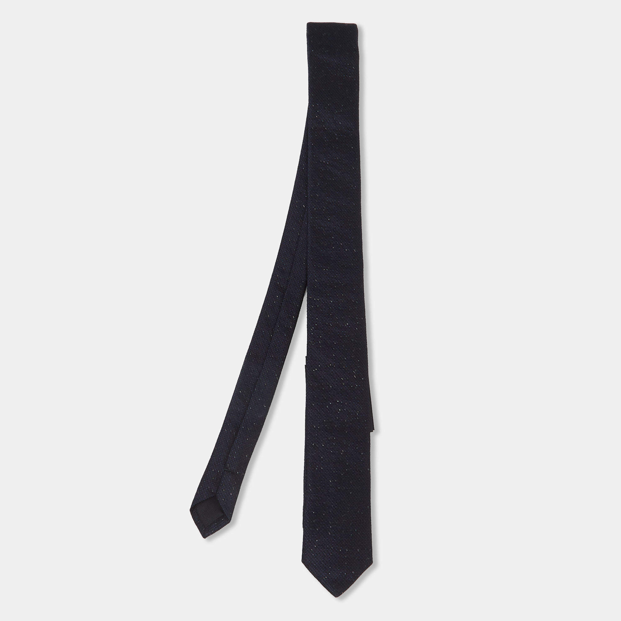 Pre Owned Saint Laurent Paris Dark Navy Lurex Silk Skinny Tie 