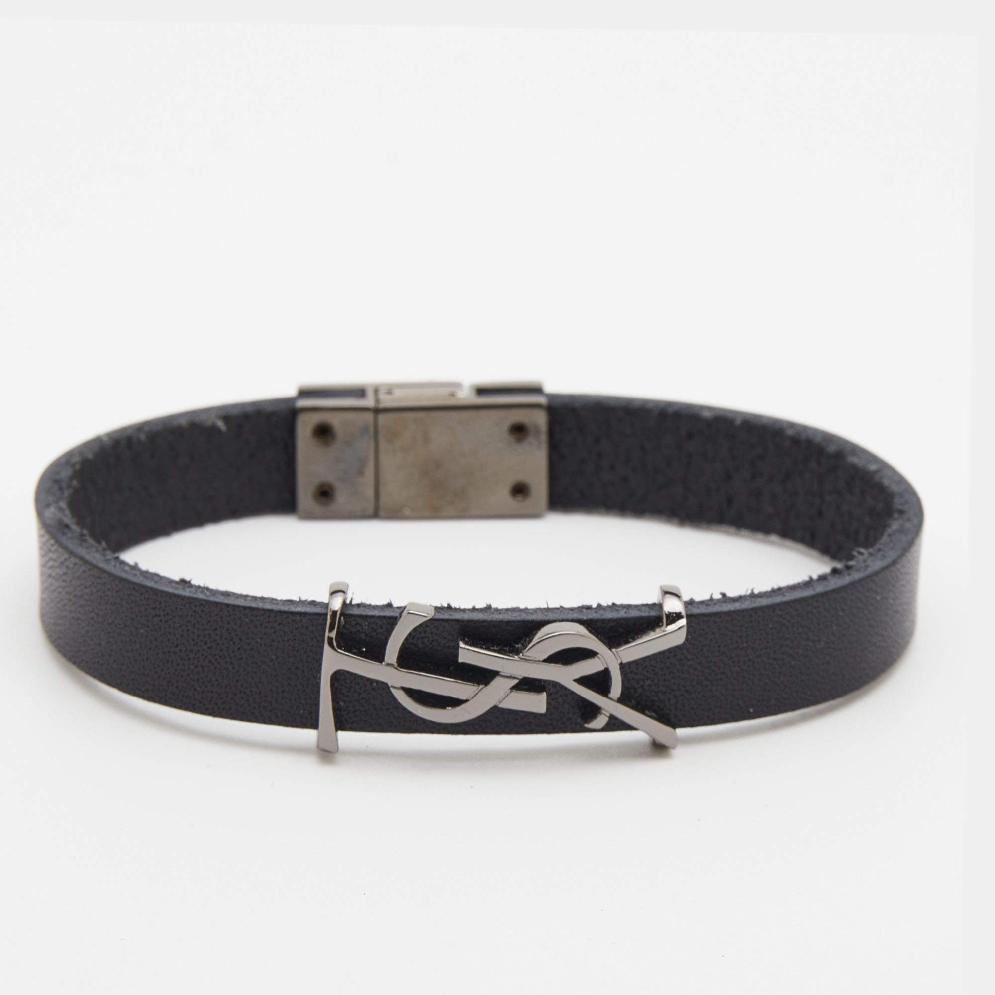 Pre Owned Saint Laurent Black Leather Gunmetal Tone Logo Opyum Bracelet