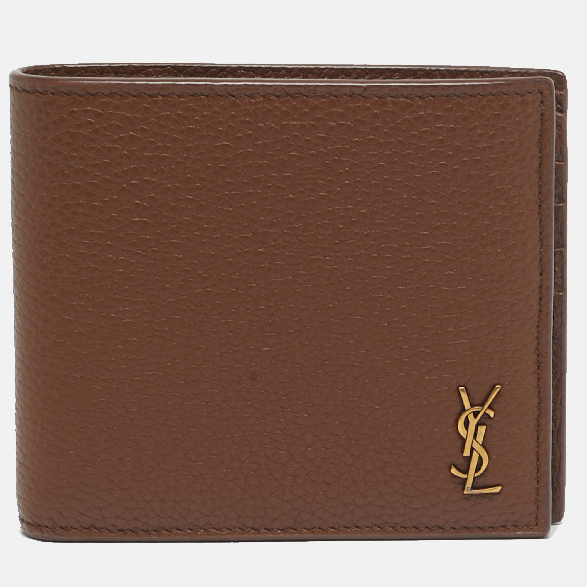 Pre Owned Saint Laurent Brown Leather Tiny Cassandre East/West Bifold Wallet