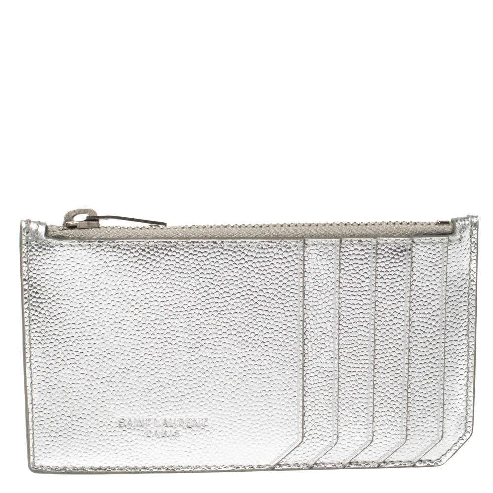 Saint Laurent Metallic Silver Leather Zip Card Holder 