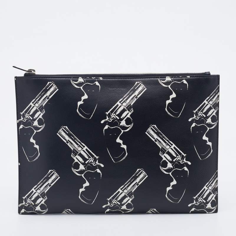 Saint Laurent Black Gun Pop Printed Leather Zip Pouch