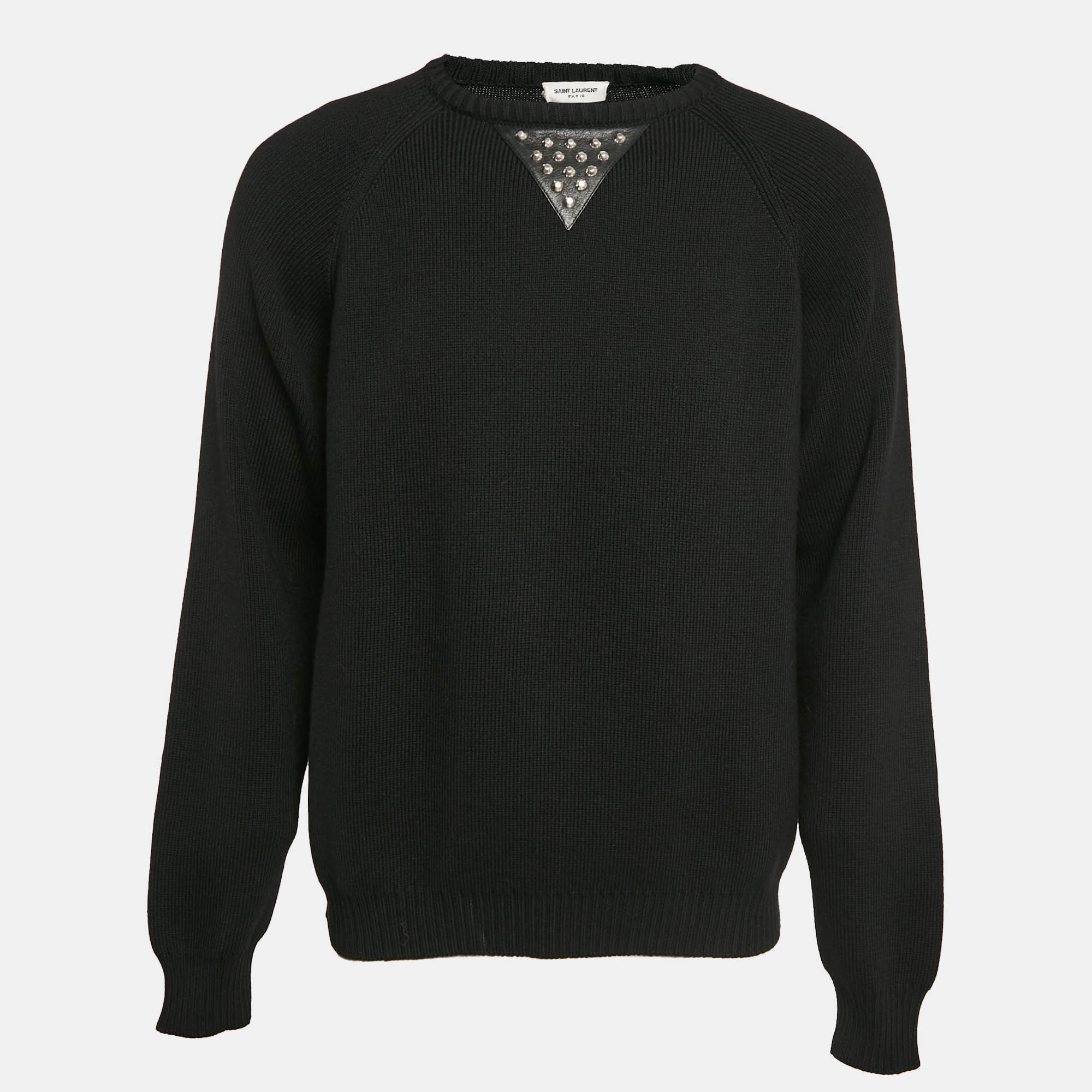 Pre Owned Saint Laurent Paris Black Studded Leather Trim Rib Knit Sweater XXL