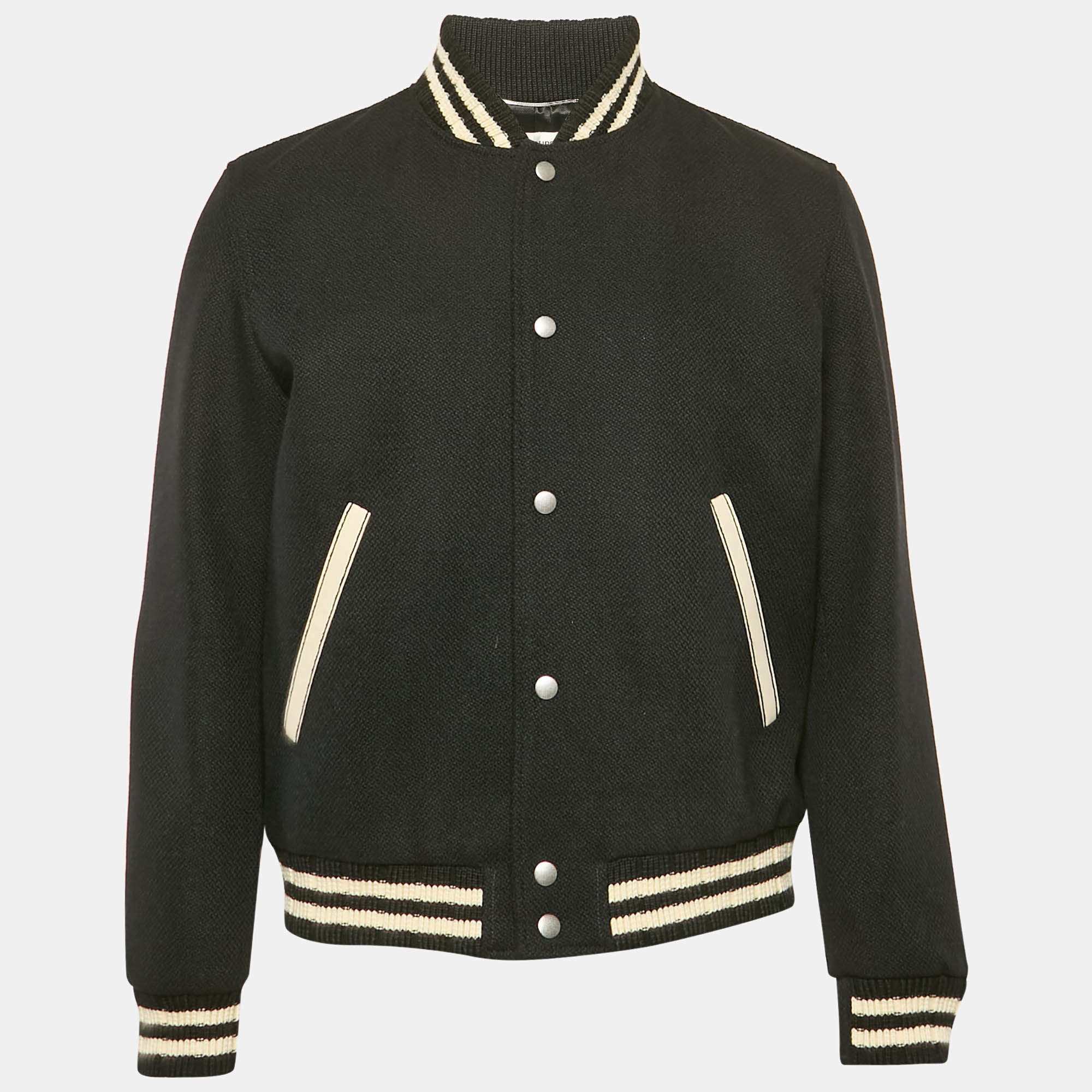Saint Laurent Black Wool Button Front Bomber Jacket XL