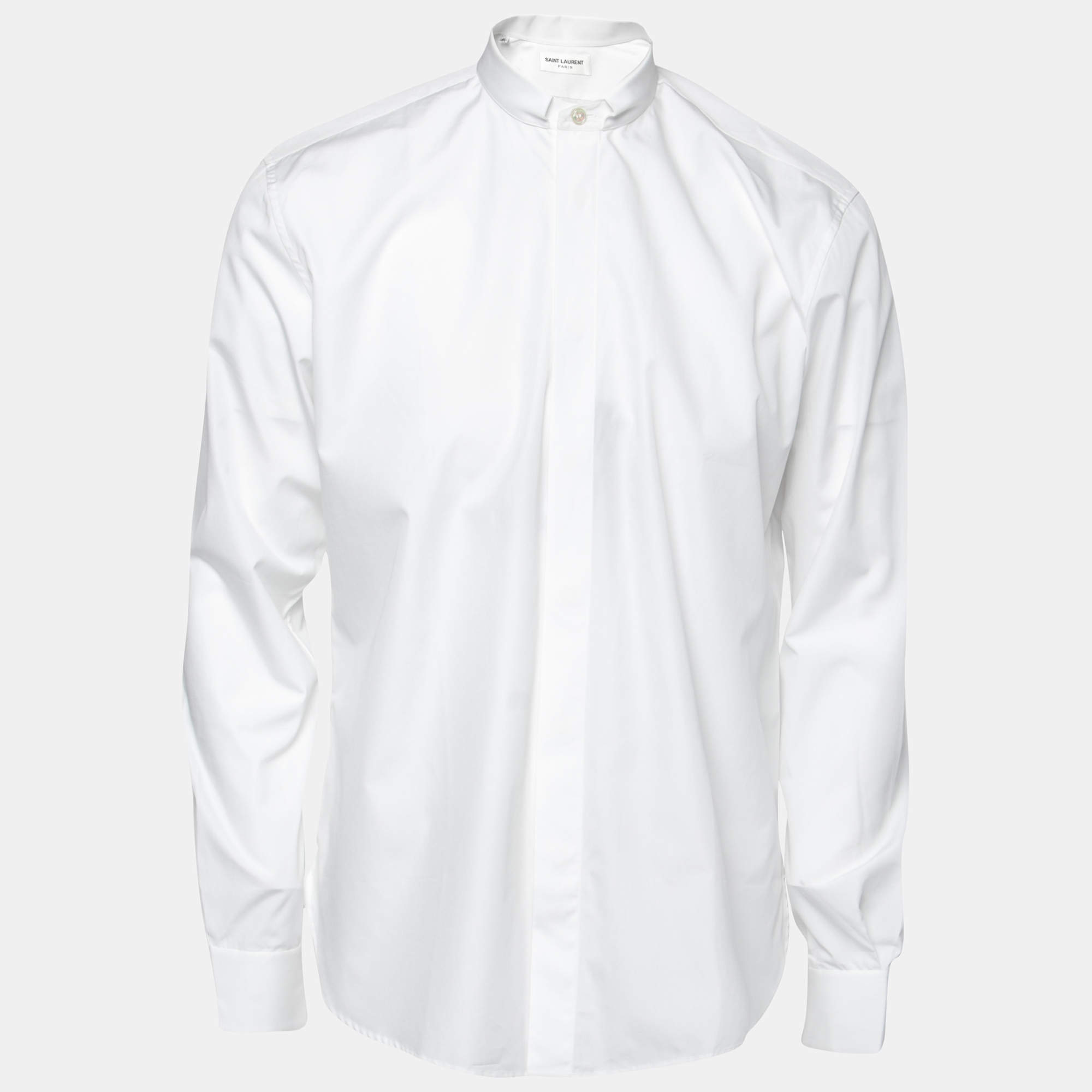 Pre Owned قميص سان لوران قطن أبيض أكمام طويلة أزرار أمامية مقاس متوسط