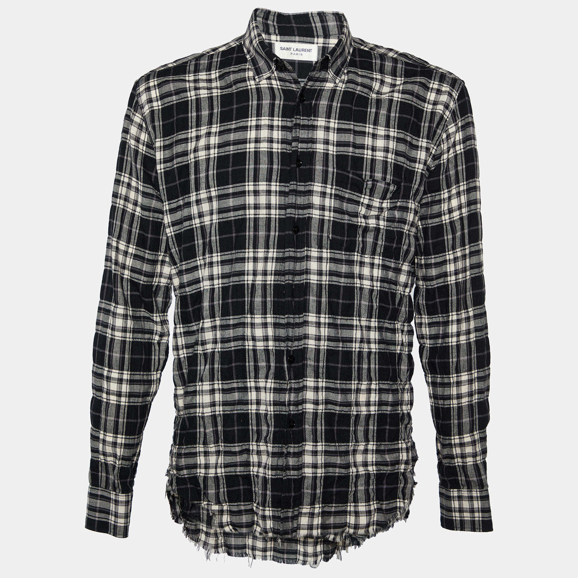 Saint Laurent Black Checkered Cotton Frayed Hem Button Front Shirt L
