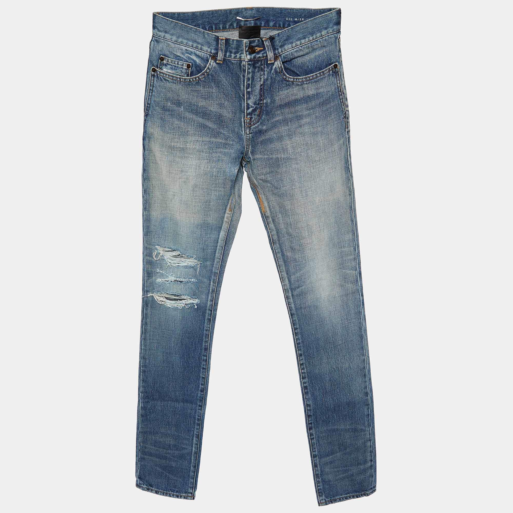 Pre Owned Saint Laurent Blue Distressed Denim Skinny Fit Jeans S/Waist 31"