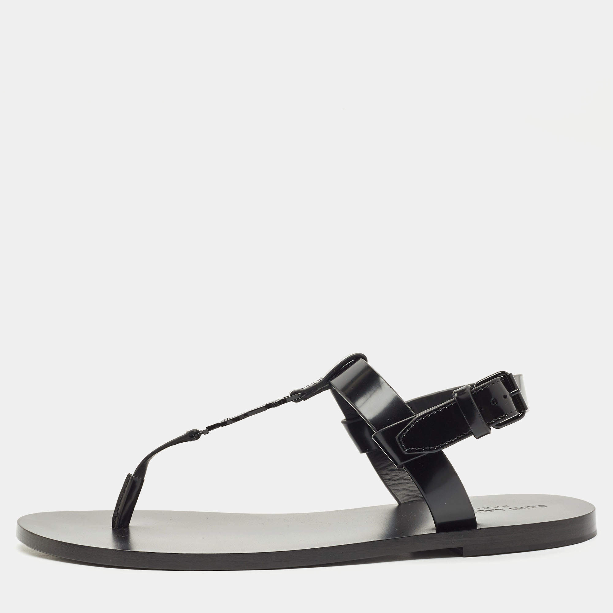 Saint Laurent Black Leather Cassandre Thong Sandals Size 45