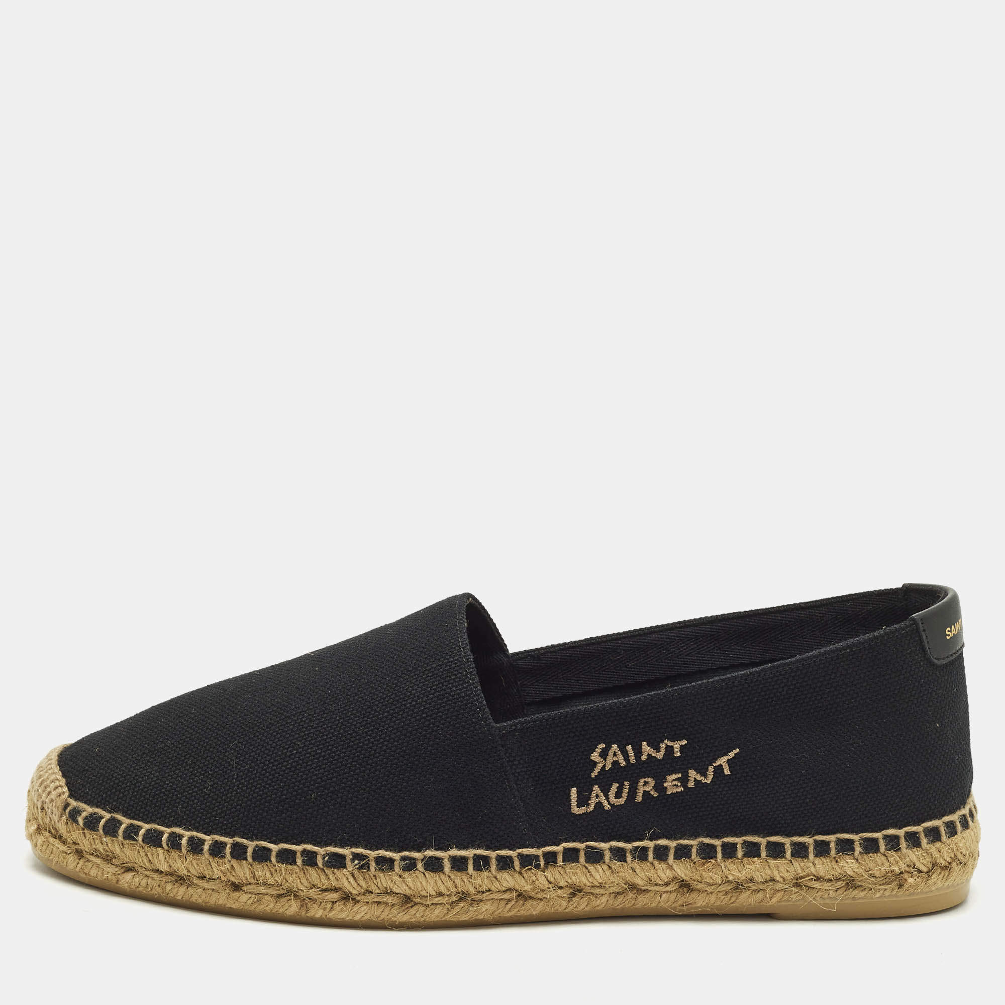 Pre Owned Saint Laurent Size 42 Black/Beige Embroidered Canvas Slip On Espadrilles