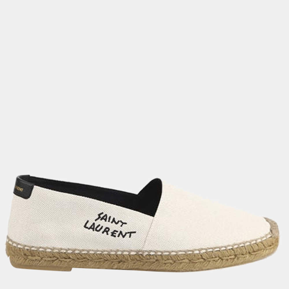 Saint Laurent Paris White Embroidered Canvas Espadrilles Size EU 43