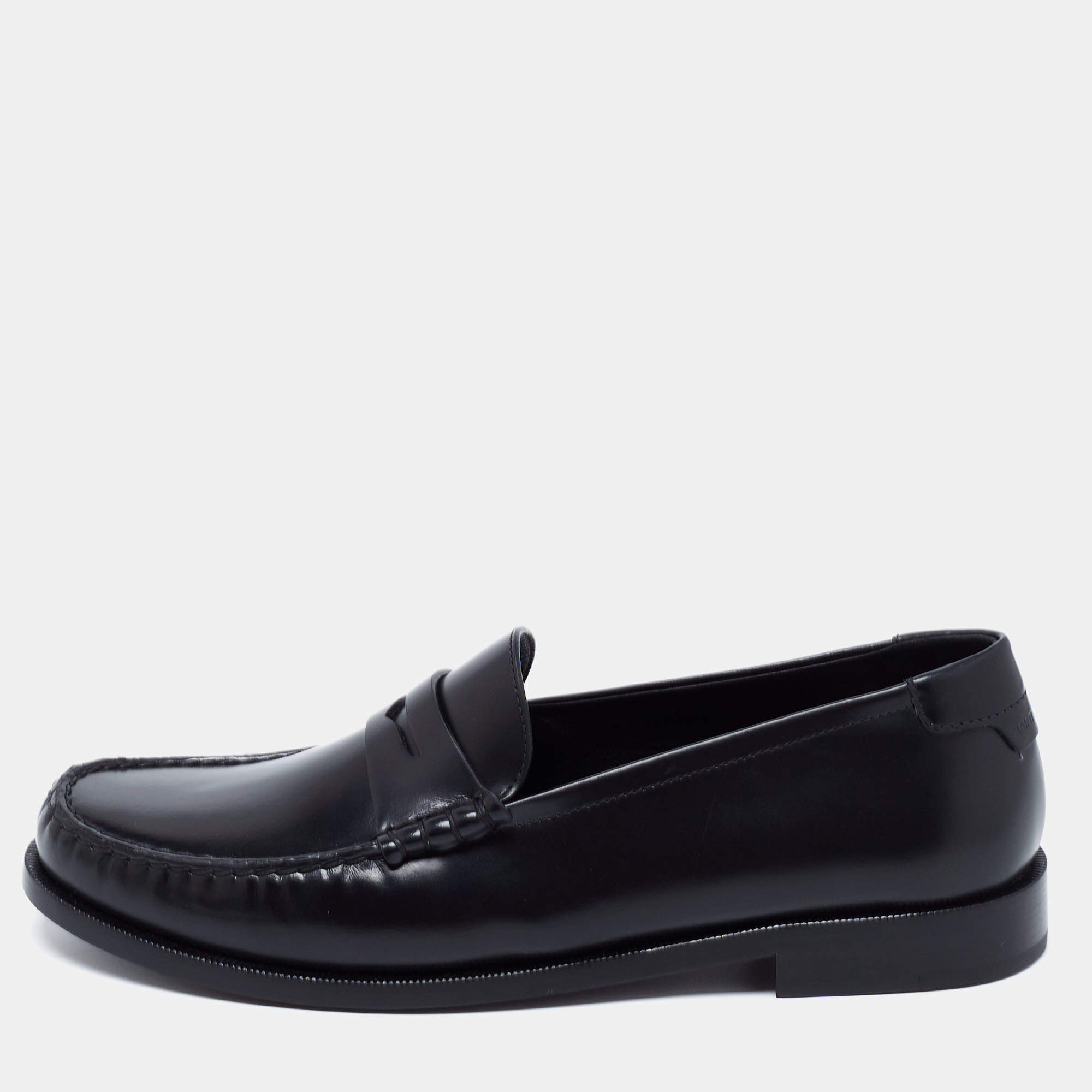Saint Laurent Black Leather Monogram Penny Loafers Size 43