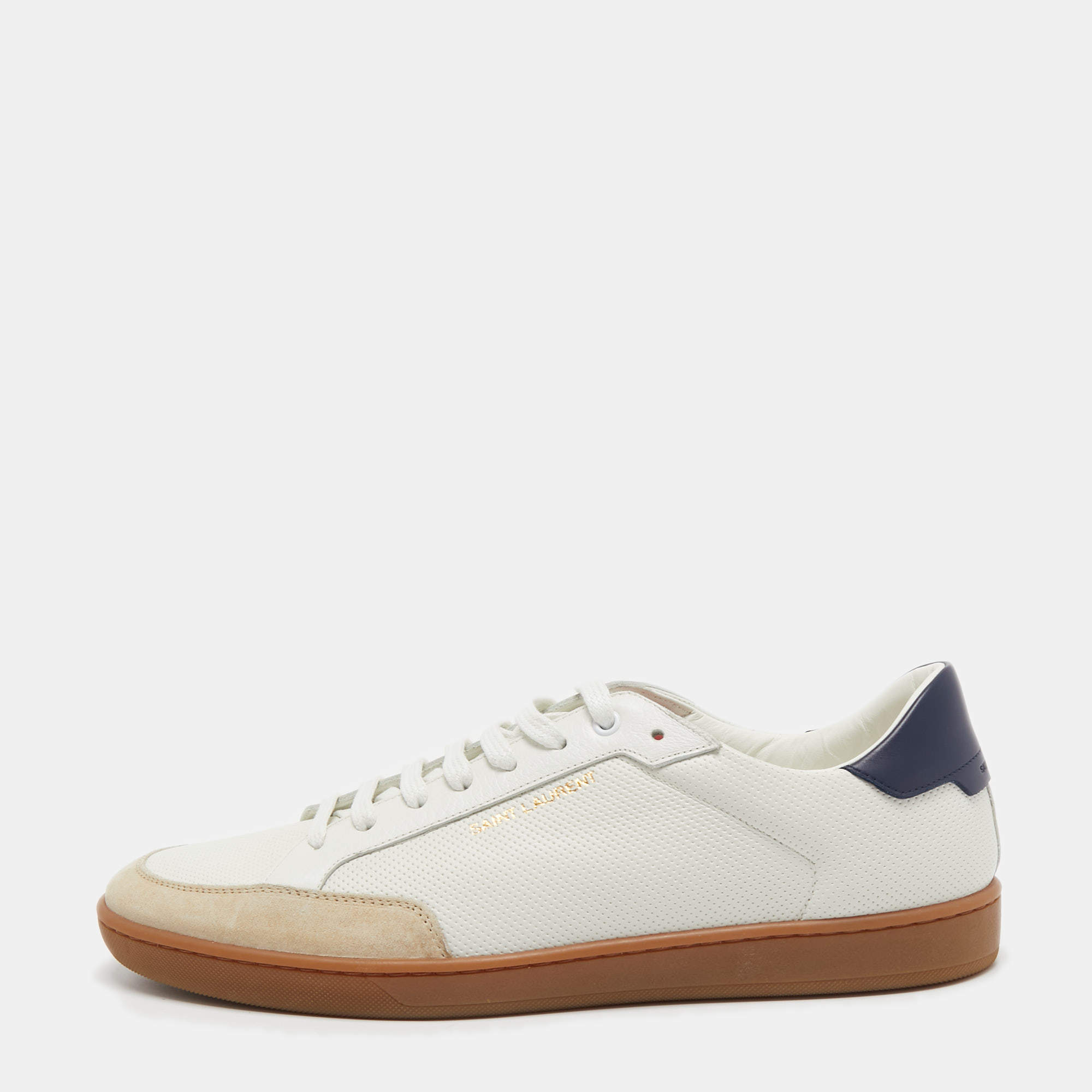 مملوكة مسبقًا Saint Laurent Tricolor Perforated Leather and Suede Court Classic Low Top Sneakers Size 45