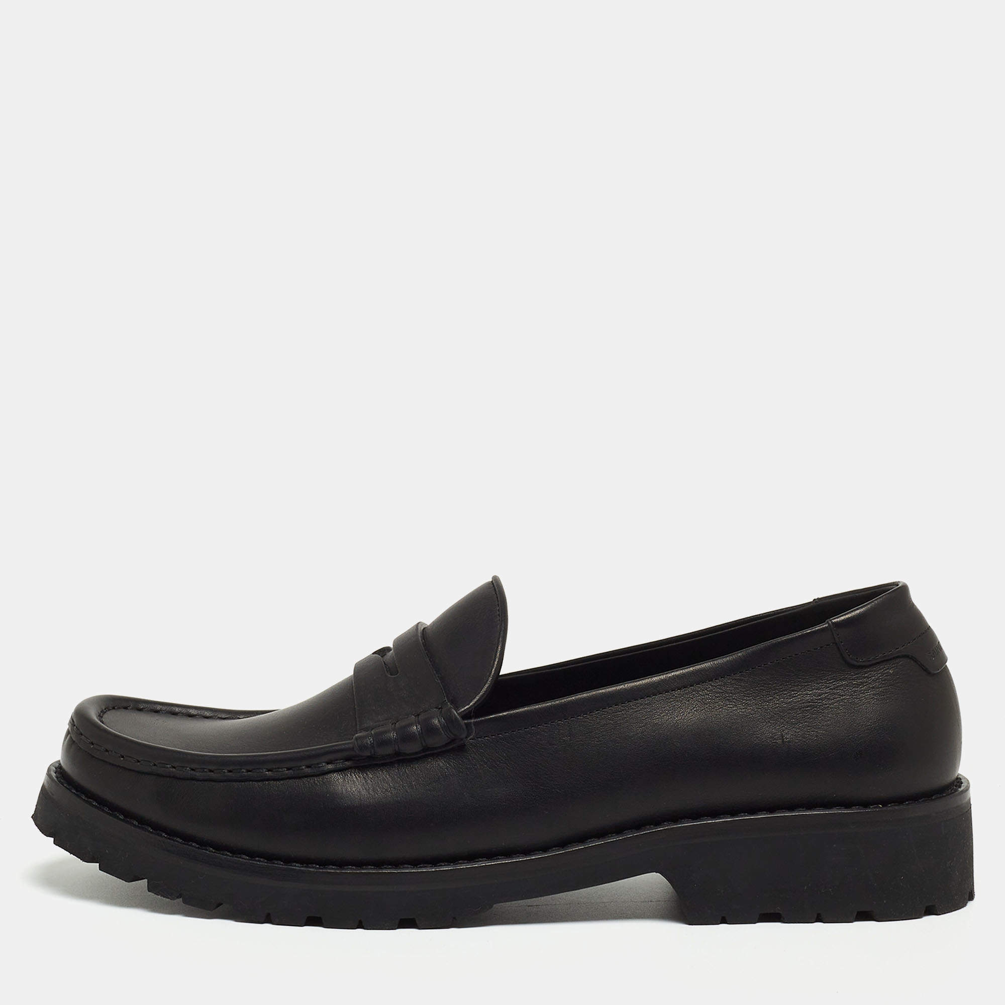 Pre Owned Saint Laurent Black Leather Penny Slip On Loafers Size 46
