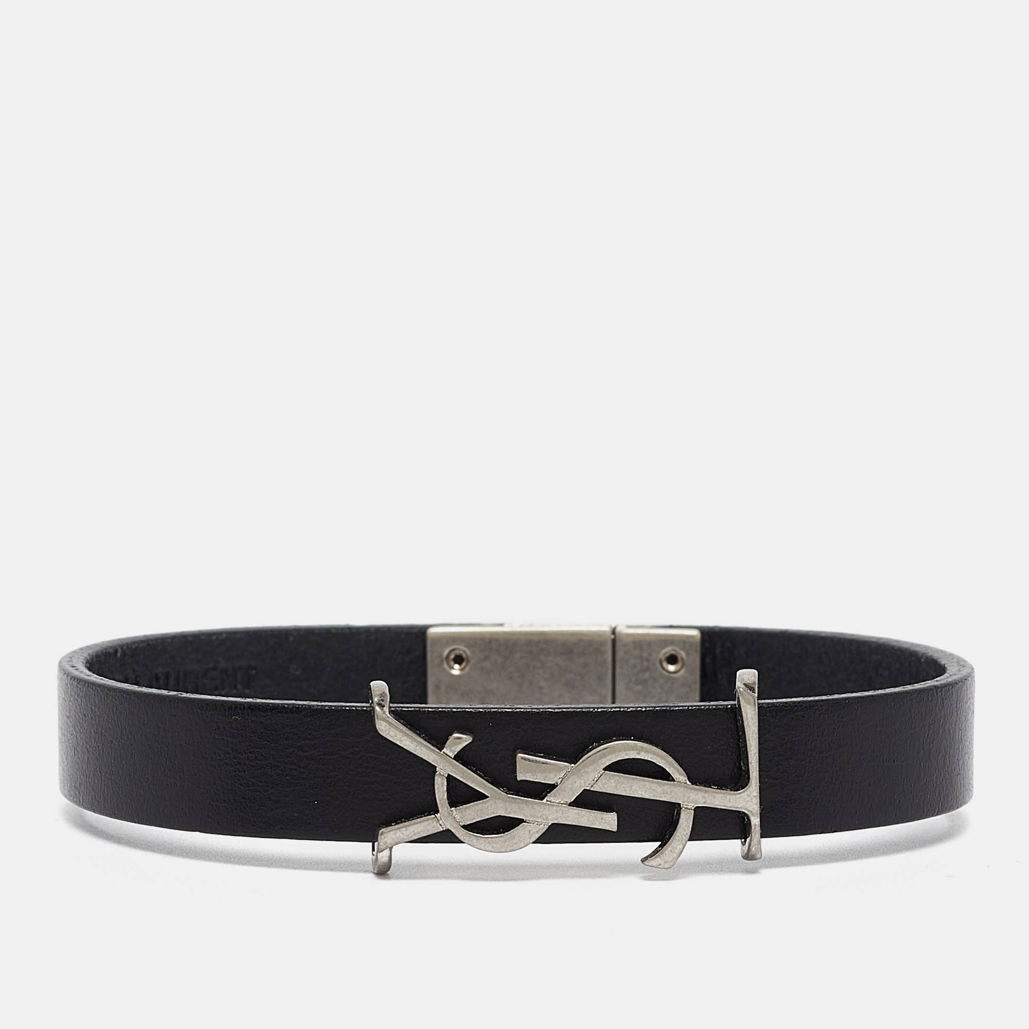 Pre Owned Saint Laurent Paris Opyum Leather Silver Tone Bracelet