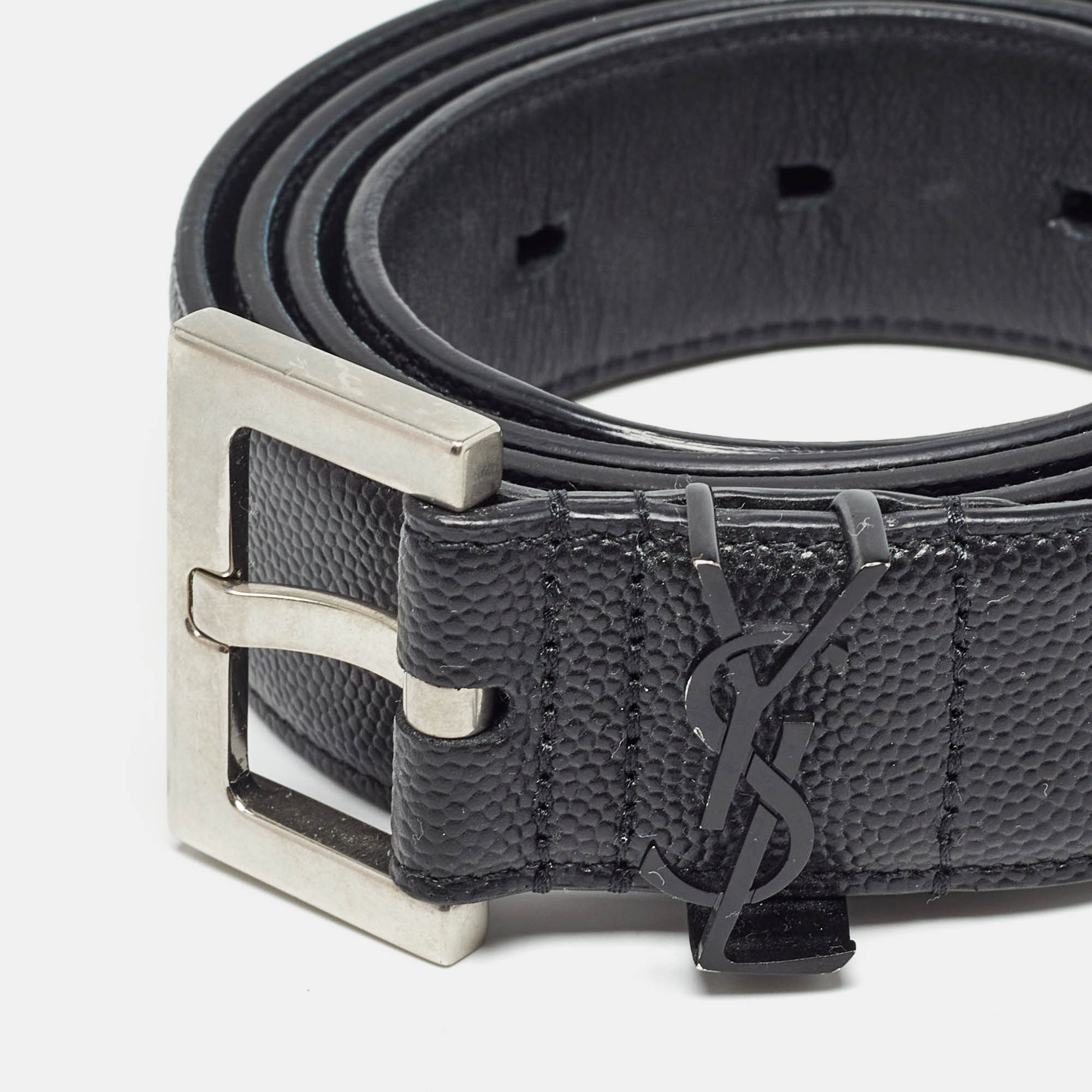Pre Owned Saint Laurent Black Leather Monogram Buckle Belt 100CM