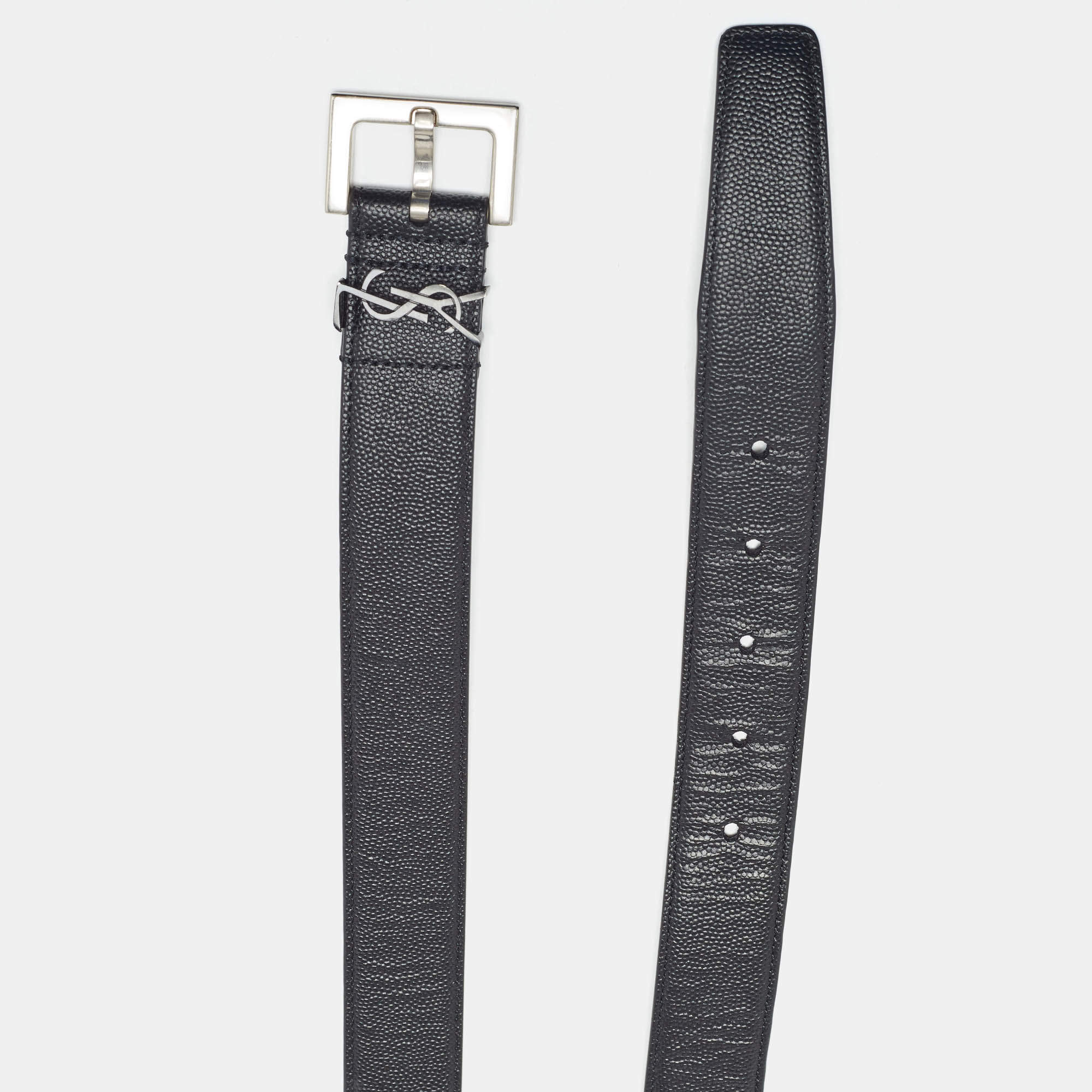 Pre Owned Saint Laurent Black Leather Monogram Buckle Belt 100CM