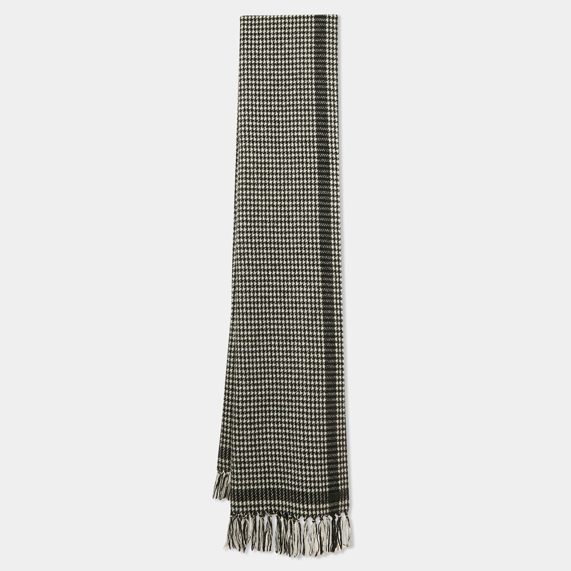 Saint Laurent Monochrome Houndstooth Wool Fringed Scarf