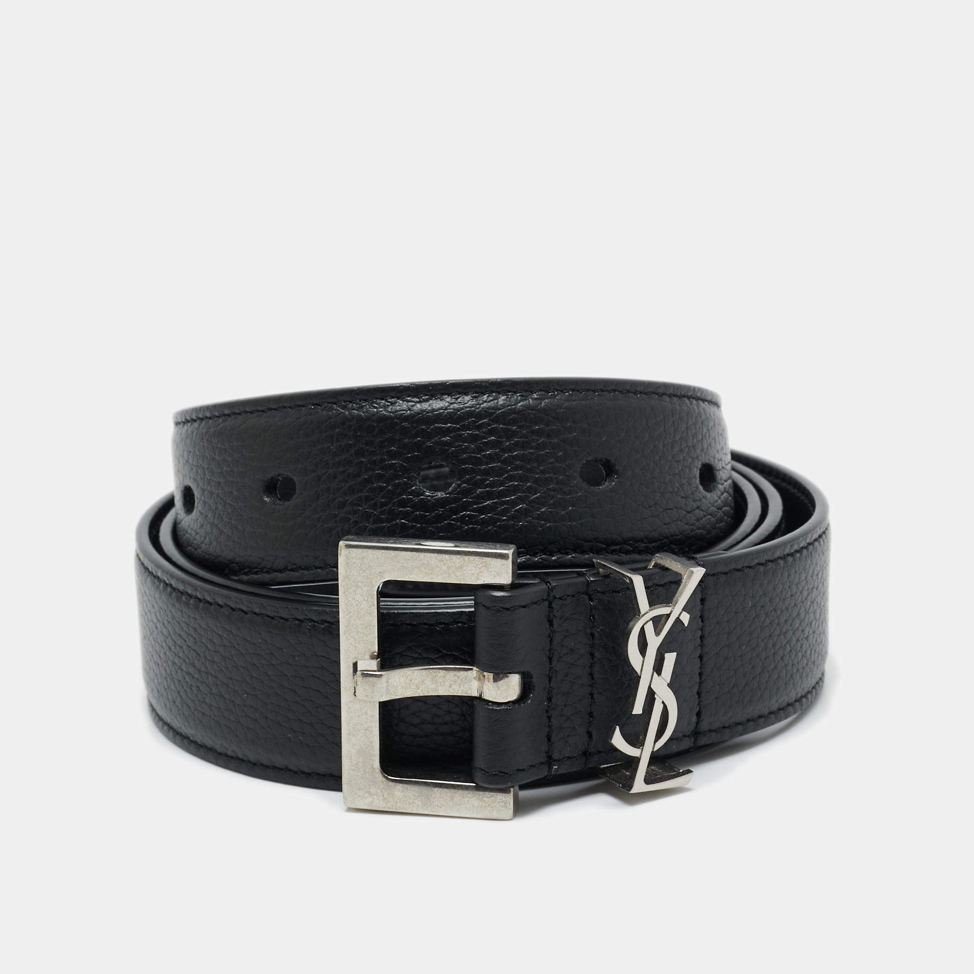 Pre Owned Saint Laurent Black Leather Cassandre Buckle Belt 95 CM