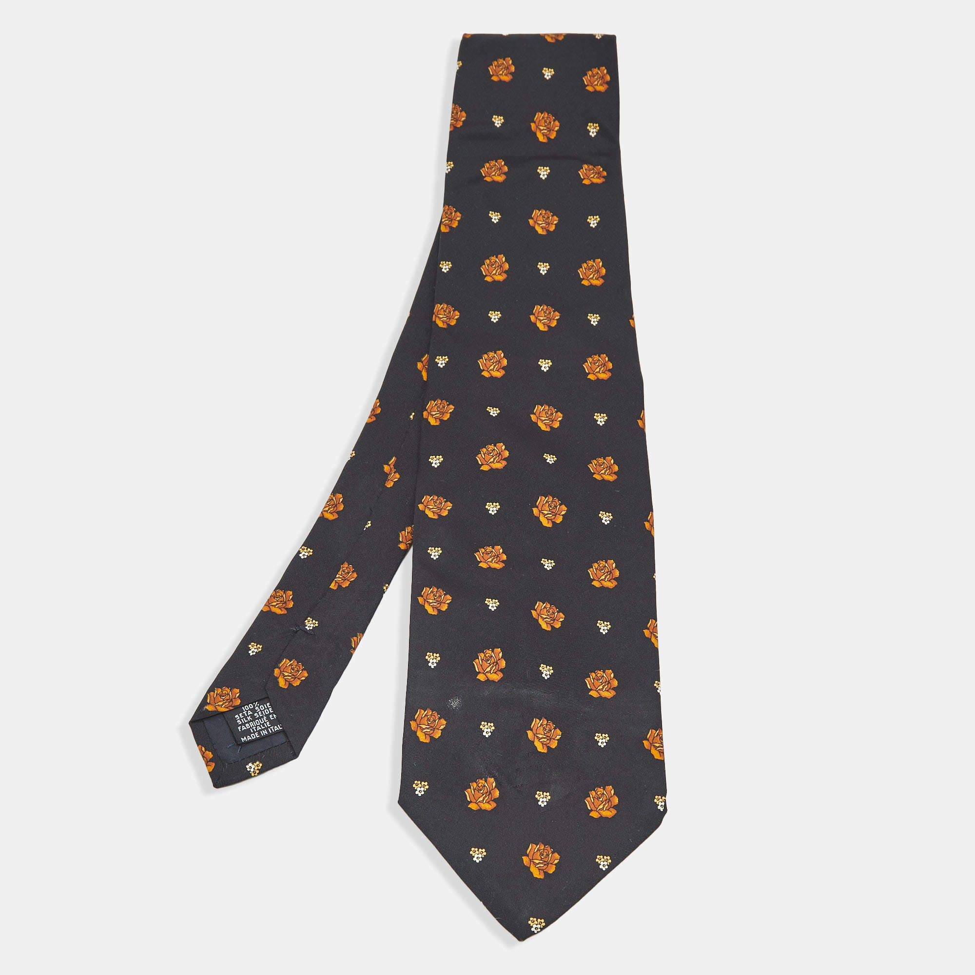 Pre Owned Yves Saint Laurent Black Floral Print Silk Traditional Tie