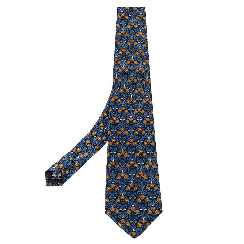 Pre Owned Yves Saint Laurent Vintage Blue Floral Printed Silk Traditional Tie
