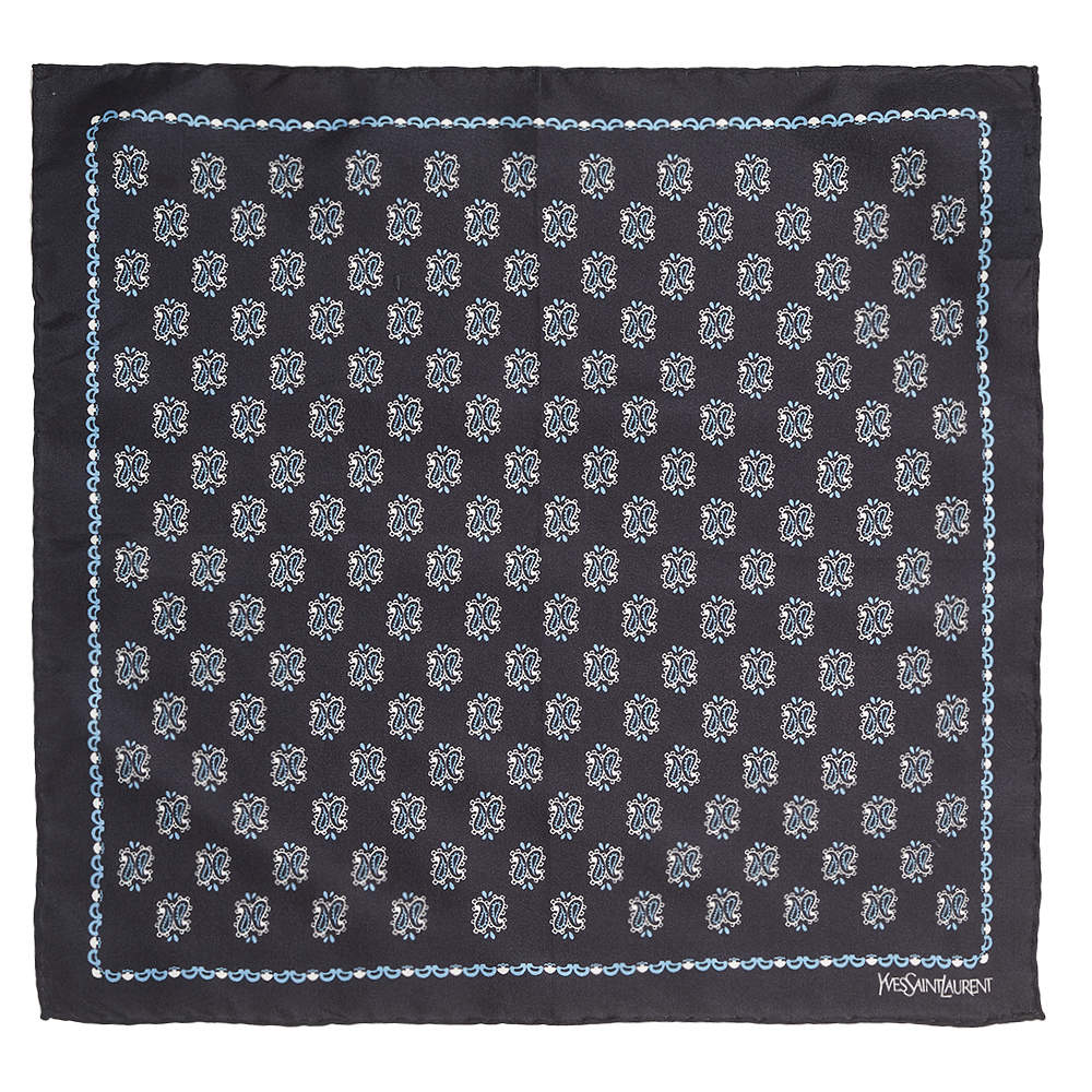 Pre Owned Yves Saint Laurent Navy Blue Paisley Printed Silk Pocket Square