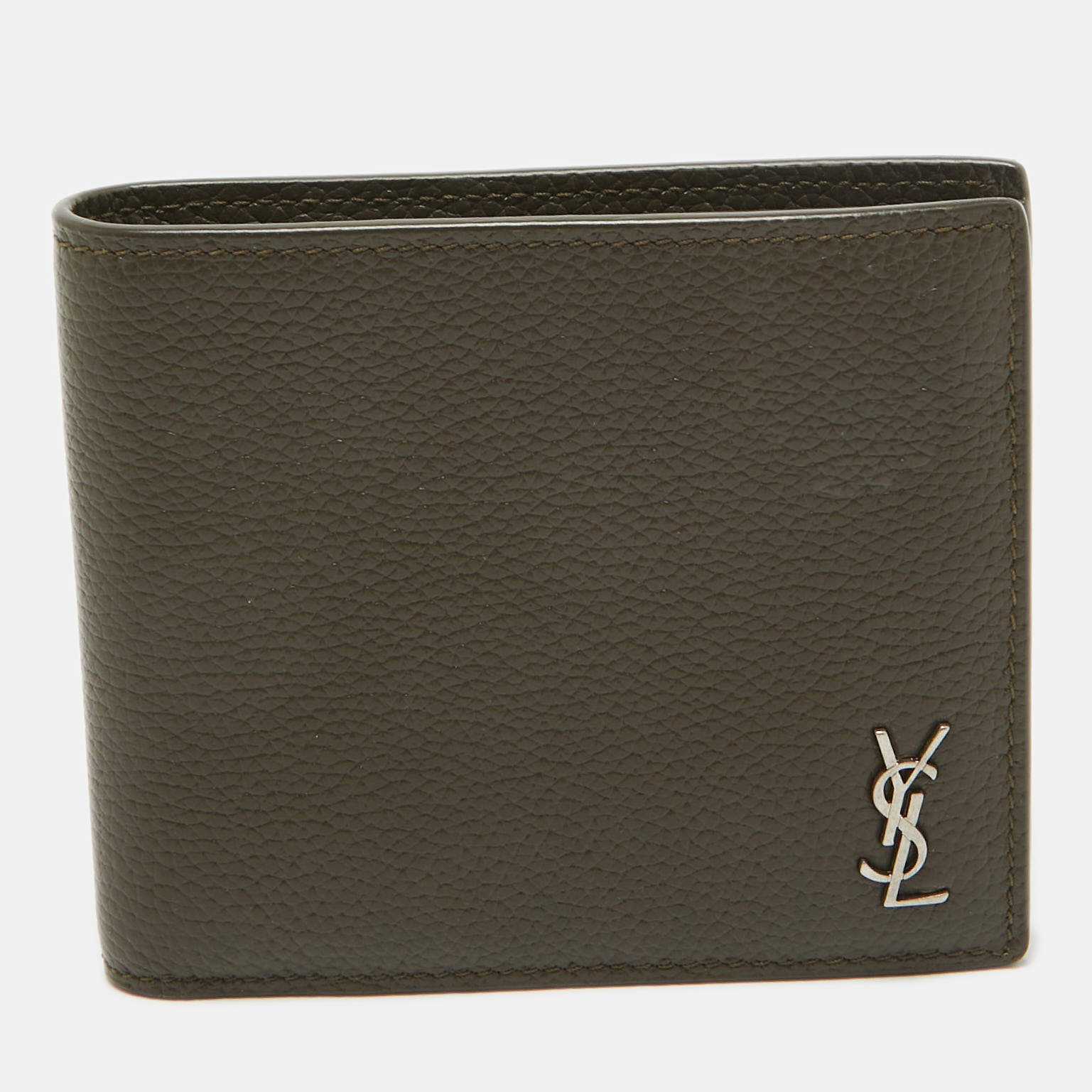 Saint Laurent Olive Green Leather Tiny Cassandre East/West Bifold Wallet