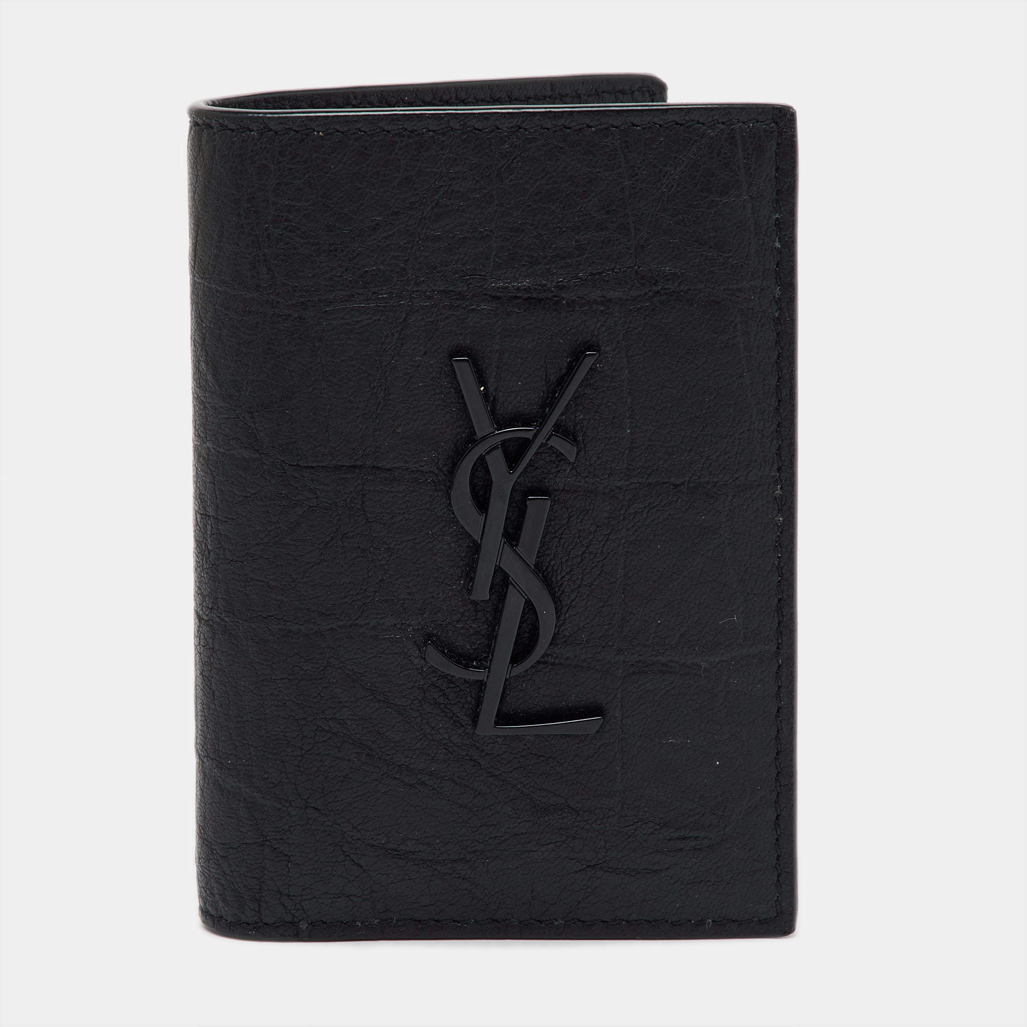 Saint Laurent Black Croc Embossed Leather Bifold Card Holder
