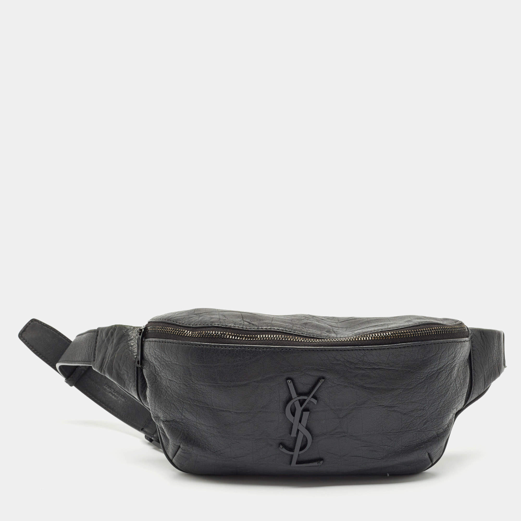 Pre Owned Saint Laurent Black Leather Cassandre Belt Bag
